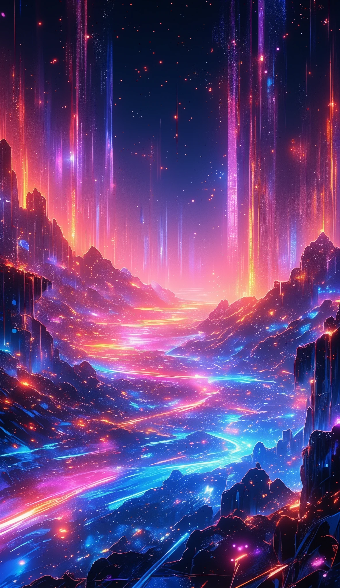 glow line art, translucent land, written by the colorful glow line, sharp shining, variable color, like a magic effect, extremely high-detailed, ultra fine detailed, structured by the clear neon multicolor, blur, amazing landscape, shining view, beautiful dream, ARW