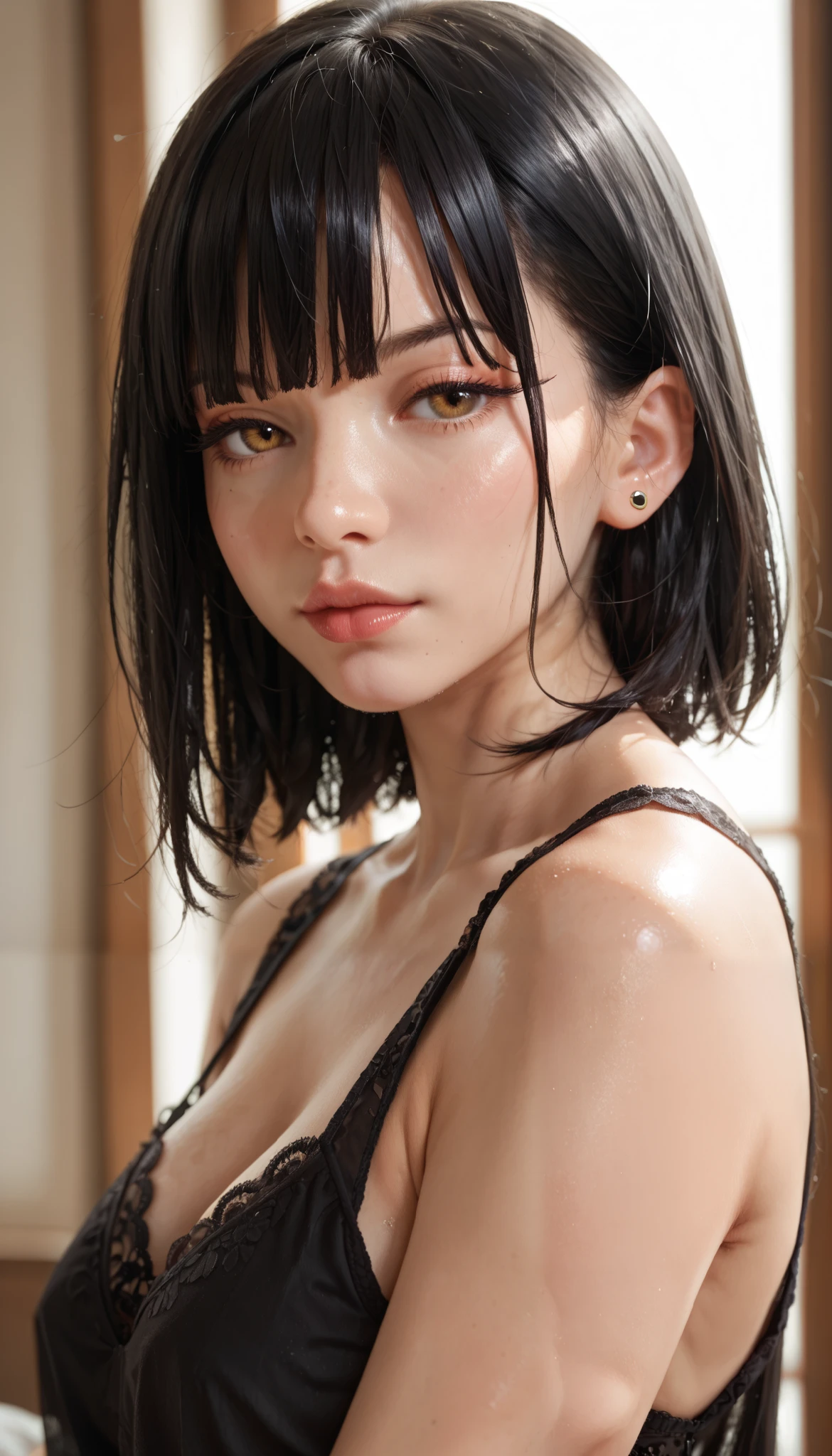 Black Hair Bob, (RAW Photo, Photorealistic: 1.25), (Black Lips, Too Many Eyelashes, Watery Eyes, Angry, High Quality, High Resolution, Depth of Field, Chromatic Aberration, Caustics, Wide Light, Natural Color, Japanese, female in her 30s) Staring at viewers, necklace, choker, bracelet, earrings, belly chain, small black bra, mole on chest, bare legs, exposed, fair skin, sexy