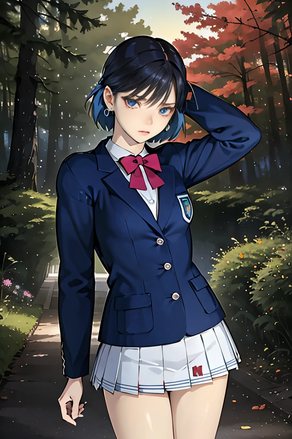(Masterpiece, best quality , high resolution, anime screenshot, as anime color , 8k, realistic), High school girl Nausicaa, is very cute, sad expression , Beautiful Girl , clear , , Alone, tea hair, short hair, red jewel earrings , Lonely, Secret Feelings, Moist eyes, ( Staring at the Audience ), Cleevidge , (High school girls, miniskirt), perfect beauty, luxury hotel suite , ( perfectly detailed anatomy , beautiful and elaborate face &eye:1.5, Shiny Skin, perfect body)、 white underwear、I want to see my whole body