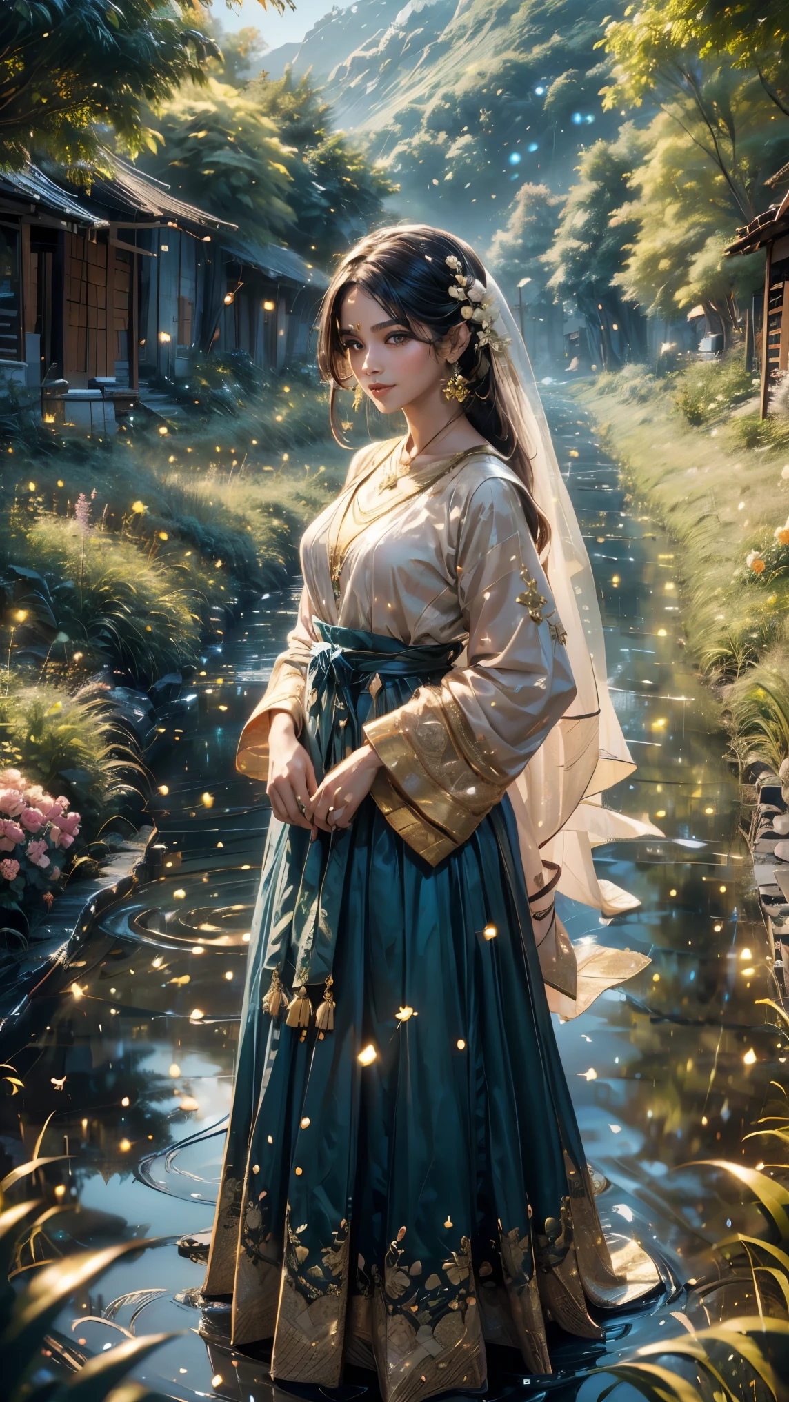Here’s a detailed prompt based on your description:
```json
{
"prompt": "A stunningly beautiful woman standing in front of a traditional South Asian (desi) village, a close-up shot emphasizing her radiant smile and expressive face. The woman has a confident and alluring presence, with a figure resembling a supermodel. Surrounding her are vibrant, colorful flowers adding to the picturesque setting. The woman is dressed in elegant attire, blending modern fashion with cultural aesthetics. The background shows subtle elements of the village, such as mud houses and lush greenery. The lighting is warm and natural, highlighting her flawless skin and captivating eyes. The overall composition conveys beauty, elegance, and charm.",