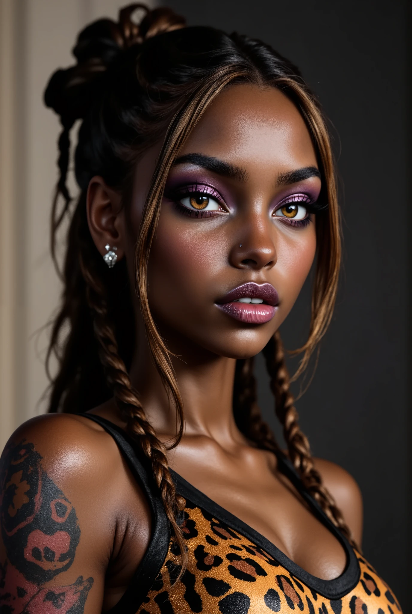 （ highdefinition images、Pro Work 、Artistic、 The Greatest Masterpiece、 Draw realistically and accurately with detailed details、 Detailed texture :1.2）、（ beautiful１7--old ck girl 、 beautiful編み込みの長い髪、Sexy and attractive black people、The eye invites )、Small chin、 big eyes、 Feeling slightly apart between eyes 、（ big eyes）、 beautiful鼻、Thick lips、（漆黒の beautiful肌、 express the texture of the skin in detail down to the pores 、Leopard print tank top）、((Upper body seen from the side 、 vivid tattoos on shoulders and arms、Earrings that shine on the ears and nose )):1.5）