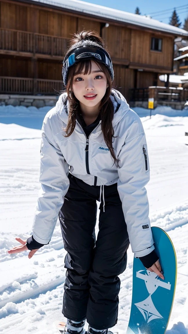 ai_kase, (Famous ski slopes in the snowy mountains:1.3), (She is wearing White-based hooded ski-wear with red stripes), (A beautiful Japanese girl:1.3), (masterpiece:1.3), masterworks, authentic texture, perfect work, Highly detailed CG Unity 16k wallpaper, high resolution, super high quality, ((artists work)), (photorealism:1.2), Very fine details, elegant, Soft natural light, exquisite features, (She is Japanese idol), beautiful face, attractive, beautiful hair, (Medium hair:1.3), (swept bang:1.1), (Ultra-high resolution eye:1.1), light makeup, red lips, Plump lips shiny skin, smooth skin, (well-shaped breasts),BREAK,(She is wearing snowboard wear:1.3),BREAK, (snowboard wear-pants:1.3), break,(snowboard:1.2), wear ski wear, ski goggles, (move:1.3), snow mountain, (Upper-body shot:1.1), (gentle smile like a goddess), (Charming smile:1.1), (lovely smile), break, ((Perfectly shaped fingers with precise contours)), raw footage, (shoot from front), (Standing position:1.3),(Leaning forward:1.3),(close-up:1.1),((Standing model pose with legs apart:1.1)),(spread legs),