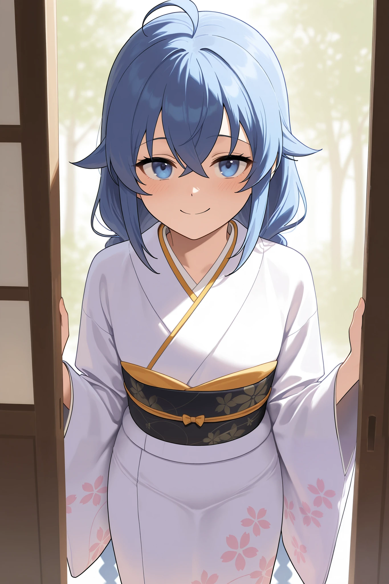 NSFW,masterpiece, best quality , high resolution, very detailed on trends, Roxy Migurdia、 Twin Blade, kimono,Long-sleeved kimono, happy face