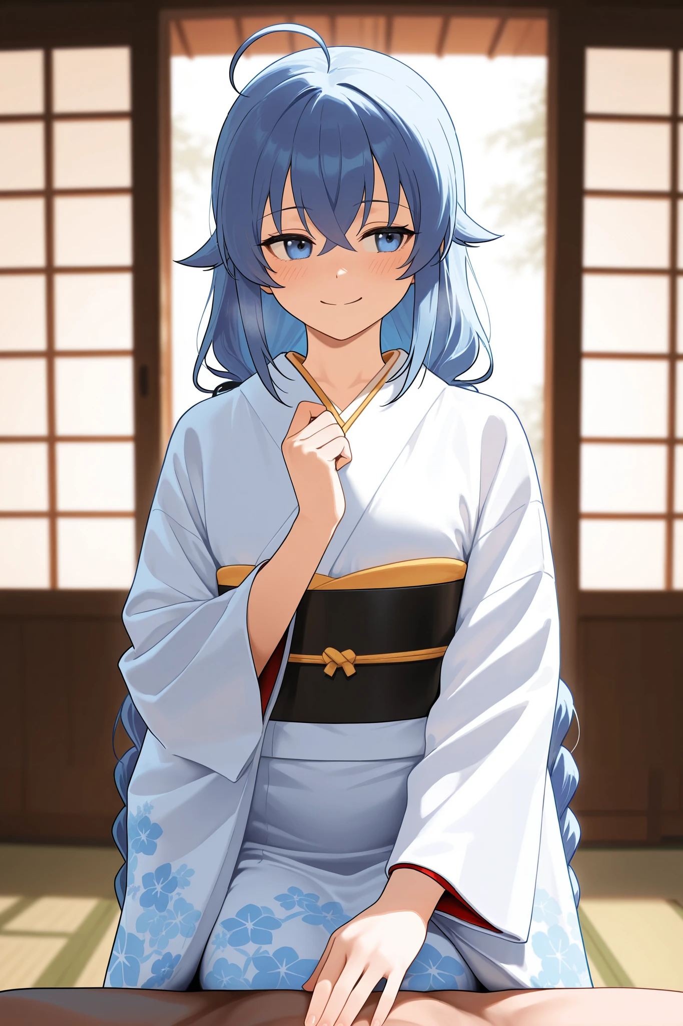 NSFW,masterpiece, best quality , high resolution, very detailed on trends, Roxy Migurdia、 Twin Blade, kimono,Long-sleeved kimono, happy face