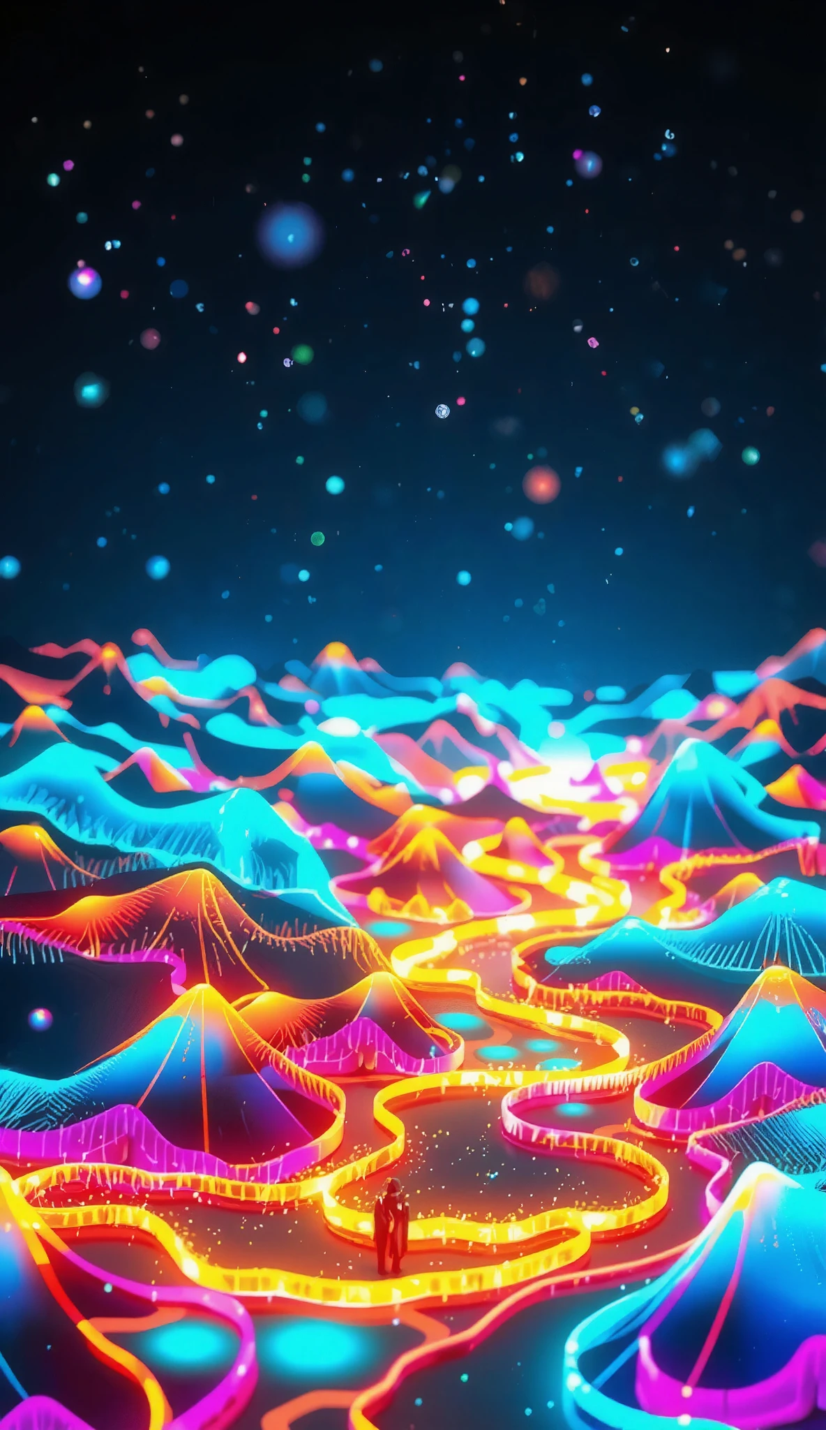 glow line art, translucent land, written by the colorful glow line, sharp shining, variable color, like a magic effect, extremely high-detailed, ultra fine detailed, structured by the clear neon multicolor, blur, amazing landscape, shining view, beautiful dream, ARW