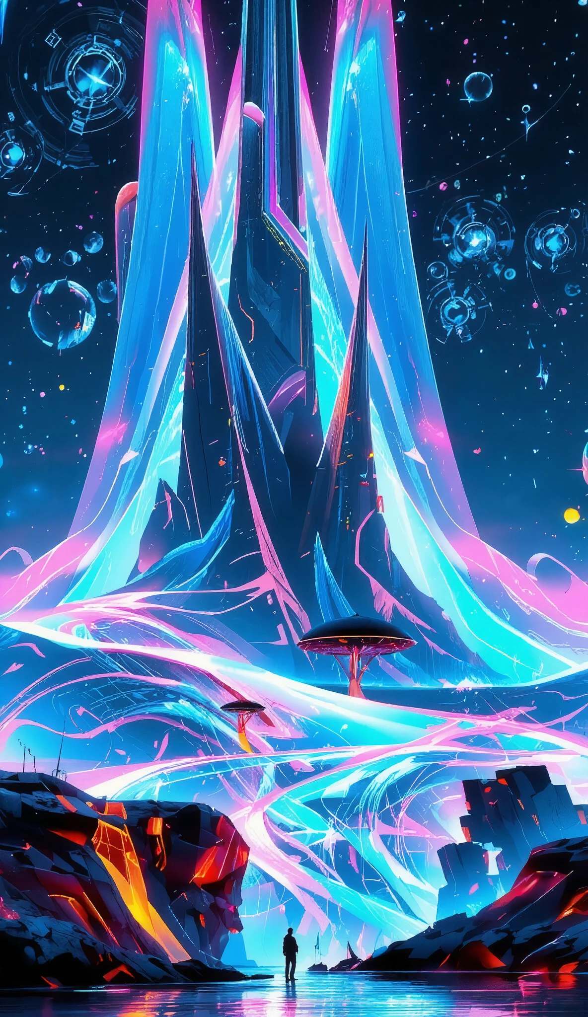 glow line art, translucent land, written by the colorful glow line, sharp shining, variable color, like a magic effect, extremely high-detailed, ultra fine detailed, structured by the clear neon multicolor, blur, amazing landscape, shining view, beautiful dream, ARW