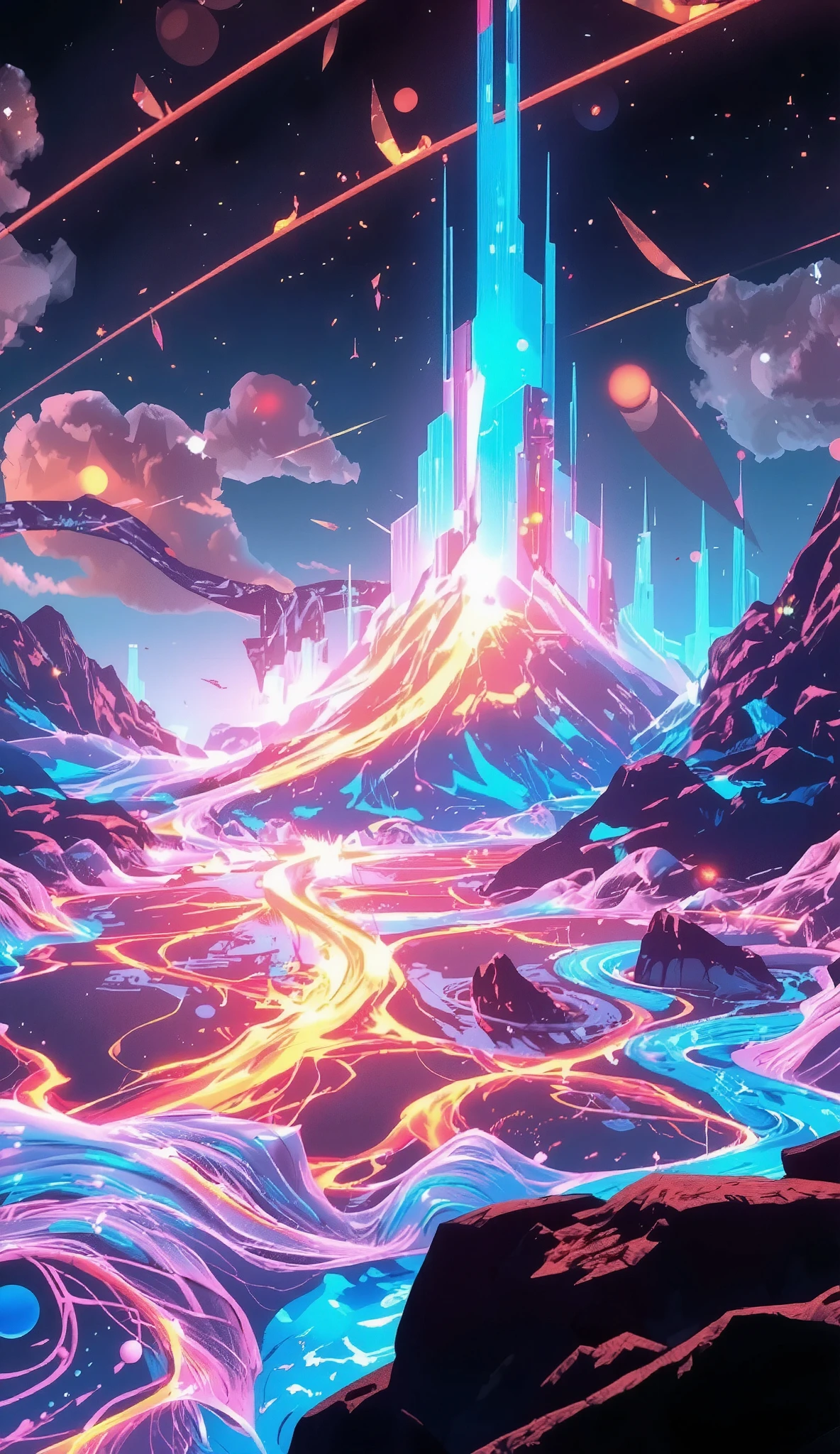 glow line art, translucent land, written by the colorful glow line, sharp shining, variable color, like a magic effect, extremely high-detailed, ultra fine detailed, structured by the clear neon multicolor, blur, amazing landscape, shining view, beautiful dream, ARW