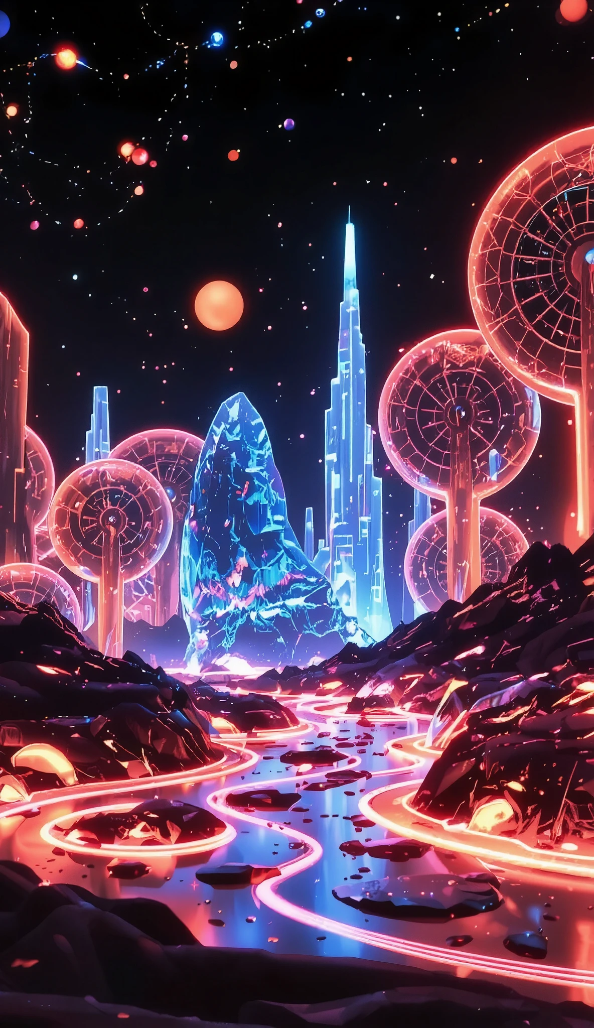 glow line art, translucent land, written by the colorful glow line, sharp shining, variable color, like a magic effect, extremely high-detailed, ultra fine detailed, structured by the clear neon multicolor, blur, amazing landscape, shining view, beautiful dream, ARW