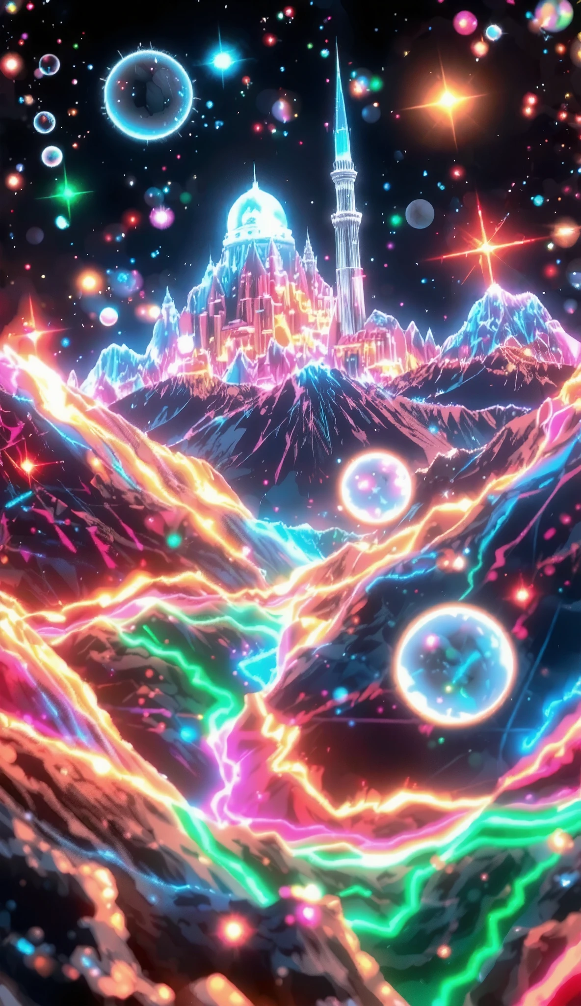 glow line art, translucent land, written by the colorful glow line, sharp shining, variable color, like a magic effect, extremely high-detailed, ultra fine detailed, structured by the clear neon multicolor, blur, amazing landscape, shining view, beautiful dream, ARW
