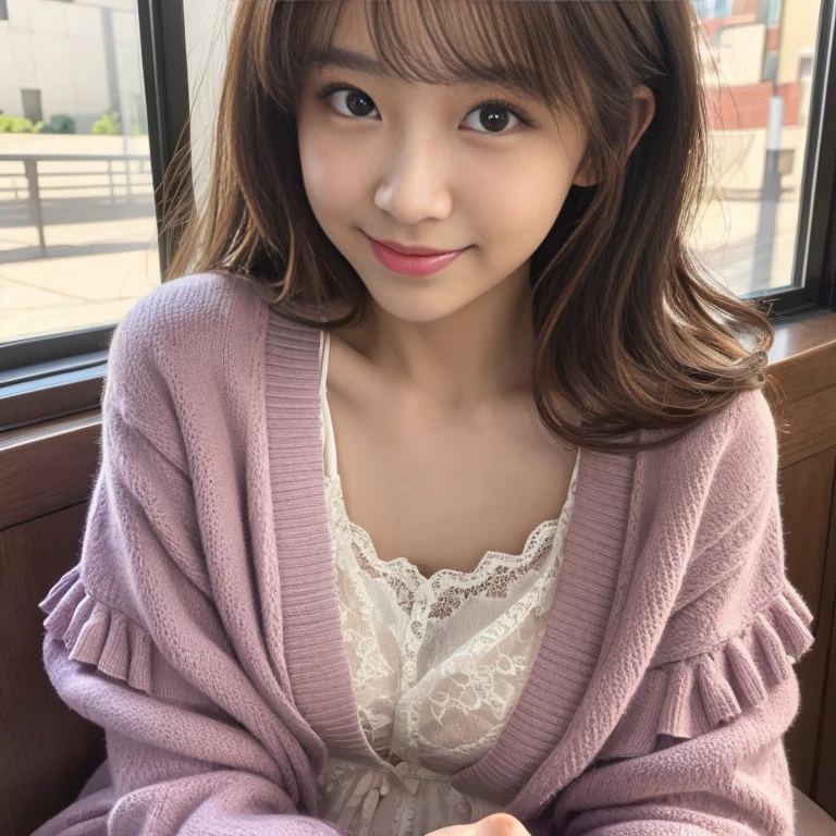 Brown Hair,Medium Hair,20-year-old female, With the correct face, Cute natural smile, Japanese facial features, A clean and cute face, Realistic portraits, 8K Photo, Soft Makeup,Natural skin texture,Raw photo,highest quality,Full Body Shot,Enjoy dinner,Pink clothes