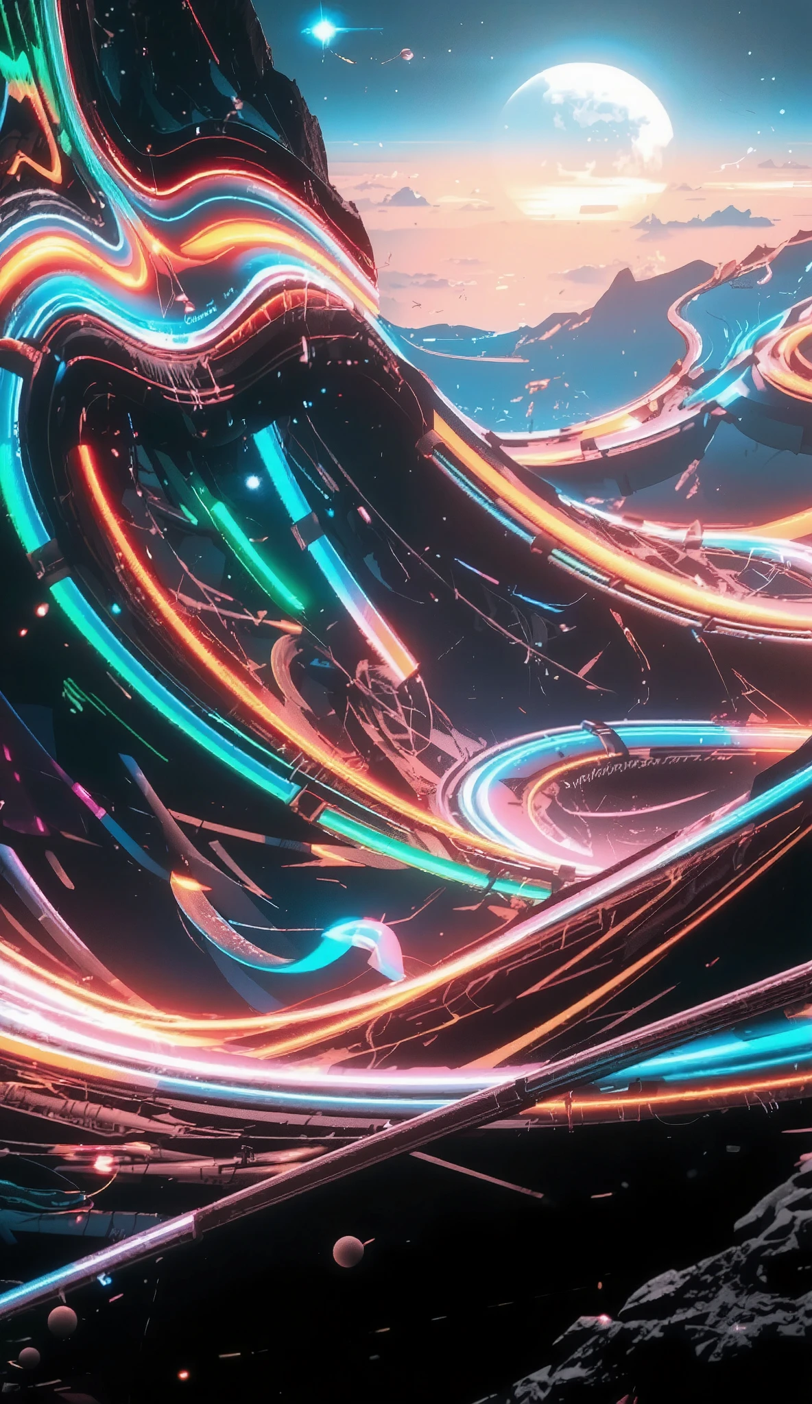 glow line art, translucent land, written by the colorful glow line, sharp shining, variable color, like a magic effect, extremely high-detailed, ultra fine detailed, structured by the clear neon multicolor, blur, amazing landscape, shining view, beautiful dream, ARW
