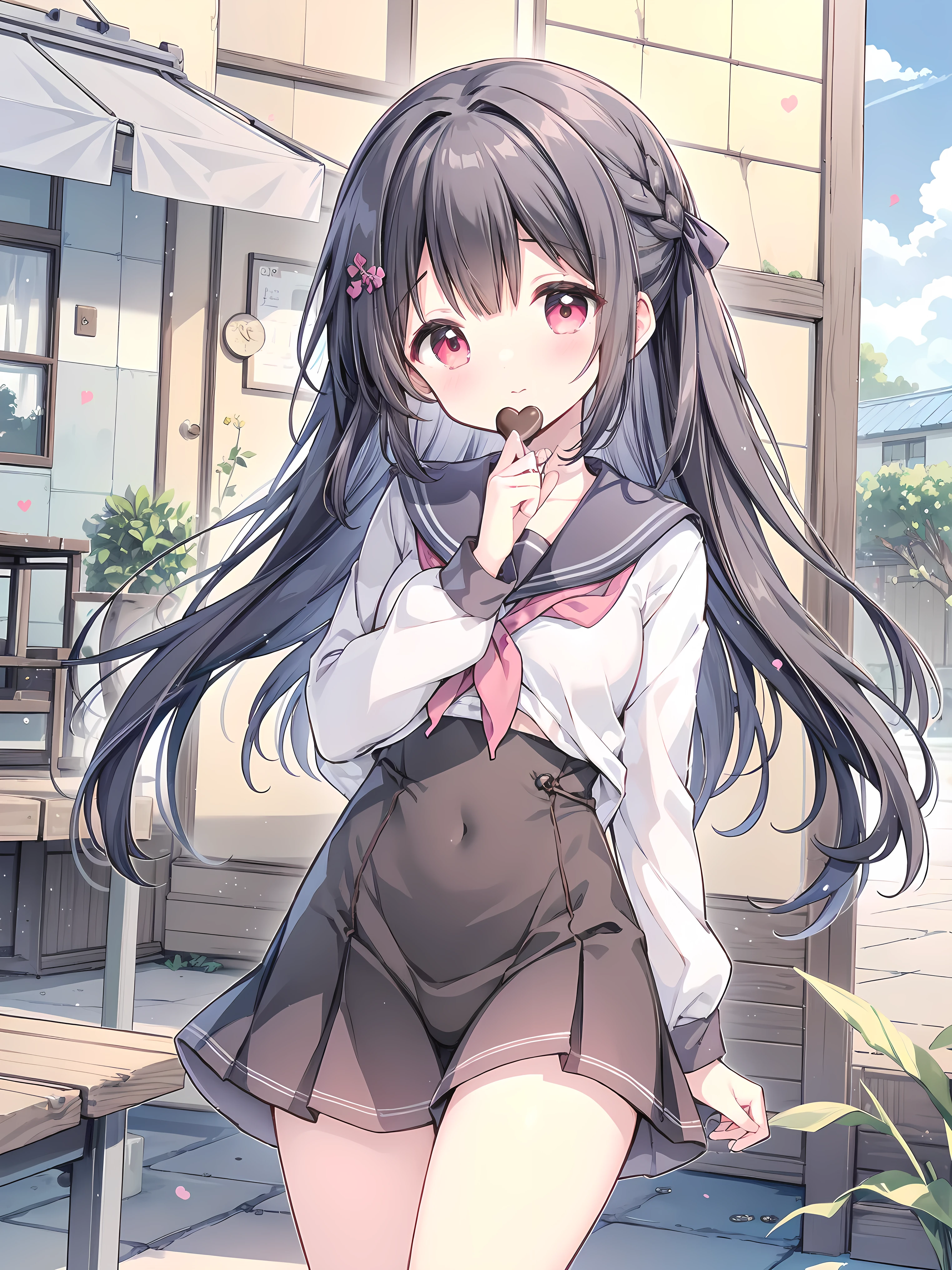 masterpiece best quality, sharpen image details, Nardack style lora, a soft and dazzling high school girl , her short stature is cute little , her hair is dark black and her eyes are amber red , The high school girl is wearing a summer sailor uniform, Feed the viewer a piece of Valentine's chocolate, close up