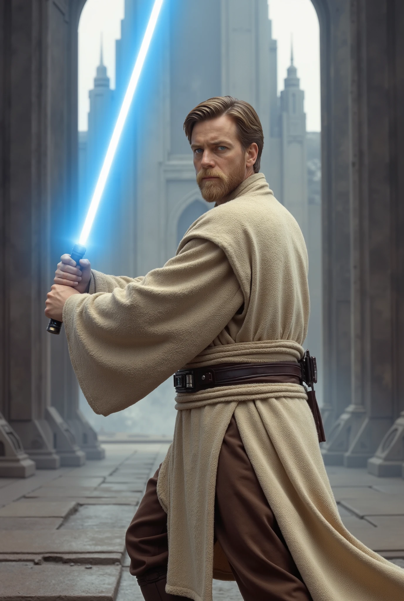 man, adult, Young, House of 20 deep blue , short dark blonde hair, blue eyes, tall and muscular but not bulky, light Jedi clothing , Jedi armor, blue lightsaber, adventure, best quality, fighting pose, Jedi Knight, beautiful, temple background