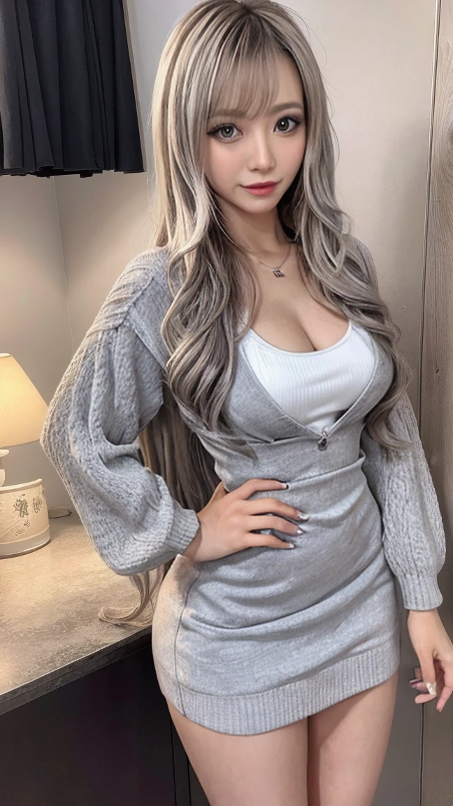 best quality, masterpiece, ultra high res, (photorealistic:1.4), 1girl, wearing sweater and detached long thigh socks, ((sweater and detached long thigh socks)), (faded ash gray hair:1), (huge breasts:1.2), looking at viewer, closeup,long hair, japanese, necklace, showing cleavage