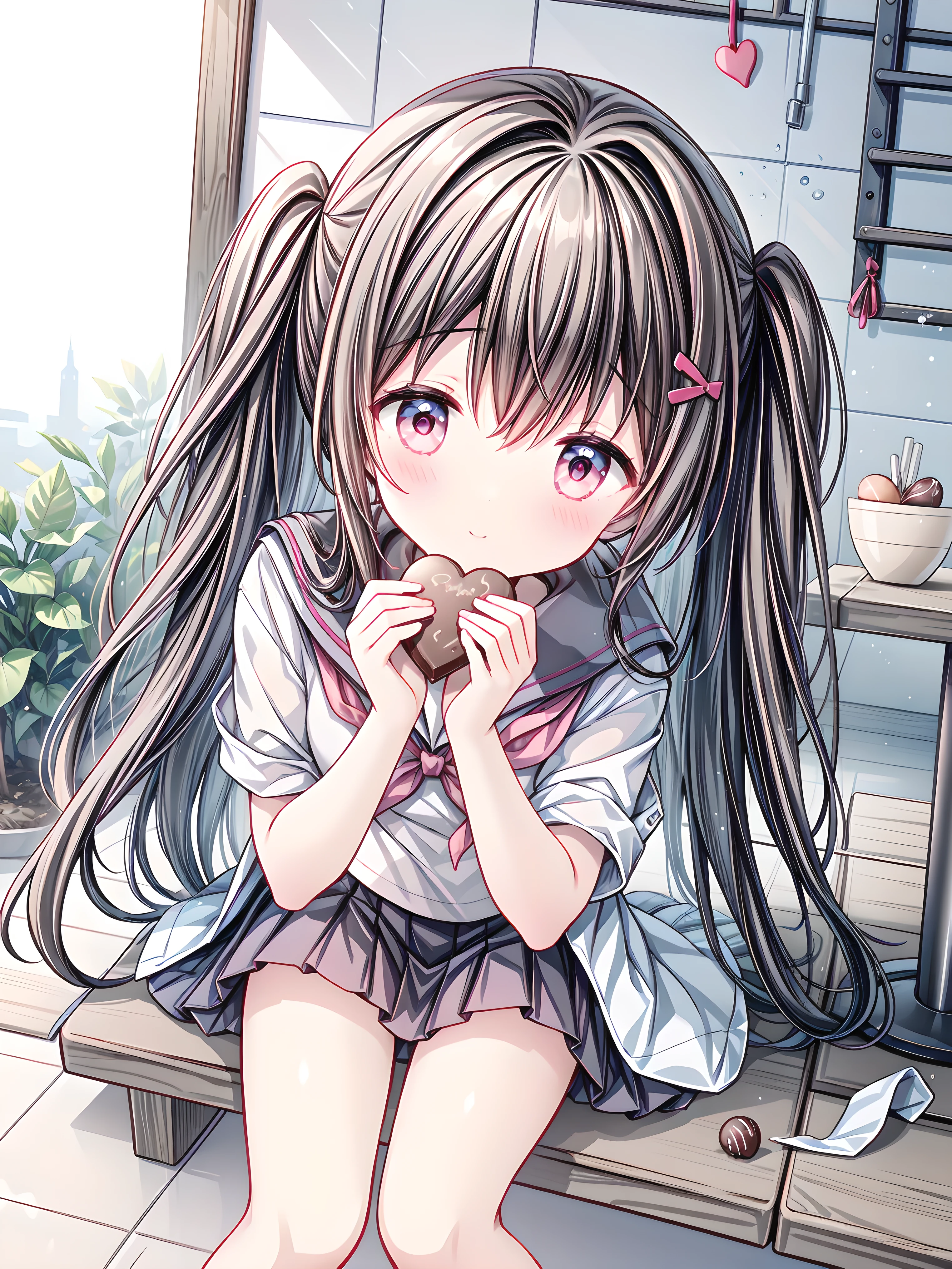 masterpiece best quality, sharpen image details, Nardack style lora, a soft and dazzling high school girl , her short stature is cute little , her hair is dark black and her eyes are amber red , The high school girl is wearing a summer sailor uniform, Feed the viewer a piece of Valentine's chocolate, close up