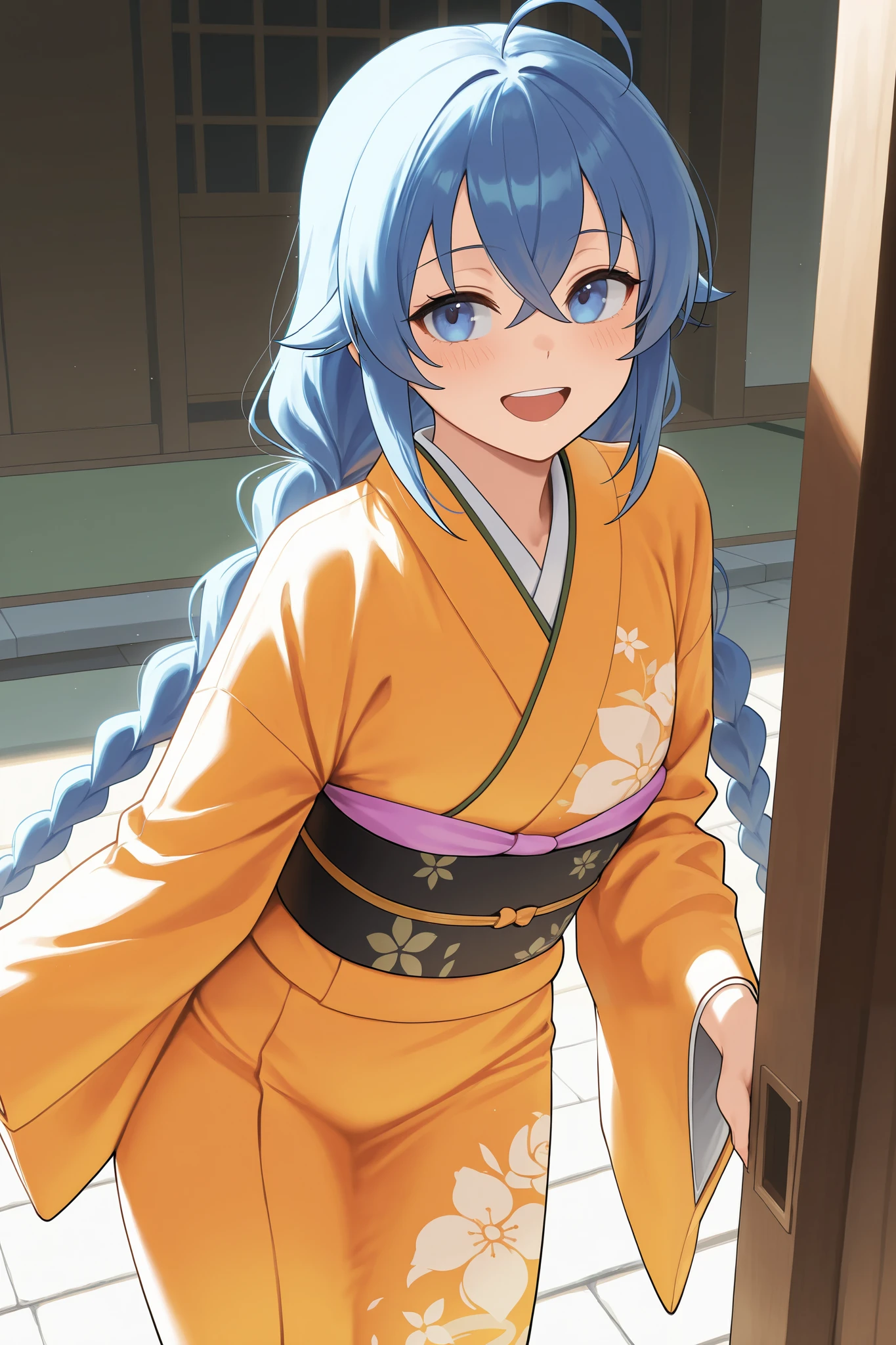 NSFW,masterpiece, best quality , high resolution, very detailed on trends, Roxy Migurdia、 Twin Blade, kimono,Long-sleeved kimono,Collars , happy face,shrine