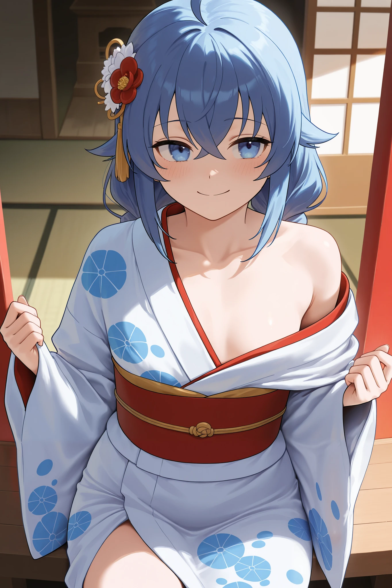 NSFW,masterpiece, best quality , high resolution, very detailed on trends, Roxy Migurdia、 Twin Blade, kimono,Long-sleeved kimono,Collars , happy face,shrine
