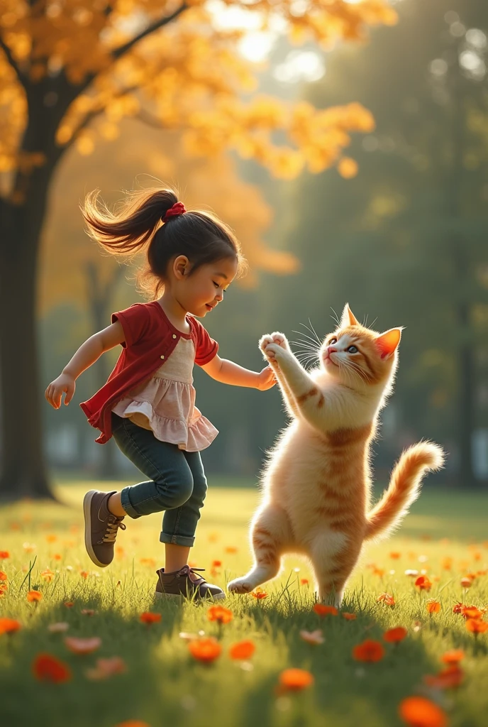 Little girl dancing in the sun,The cat is by the side,The flexible dance posture contrasts with the quietness of the cat。The smiling face of a little girl and the gaze of a cat,Let people feel the charm of dance and the warmth of life。
