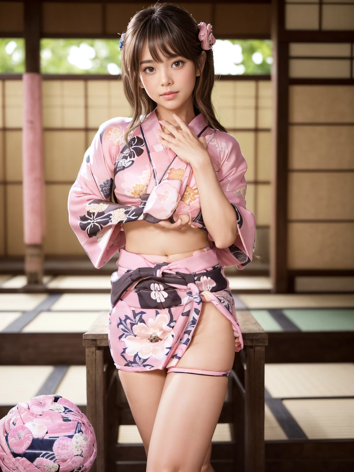 （facing back:1.2)、 (high-level image quality、hightquality、High resolution real image、detaileds、​masterpiece、Professional Photography）、(There is a cute girl)、Smile looking at camera、（A pure Japanese hairstyle with a beautiful hairpin）、（Light brown hair）、(being thin:1.3)、(Small:1.3)、(Bra and T-back panties with large kimono-style decorations:1.2)、She wears a collar, bangles, and a kimono-style garter belt.、（He holds a large golden dragon in both hands.）、The pose is so cute and nice、(Pure Japanese room in a big old house)