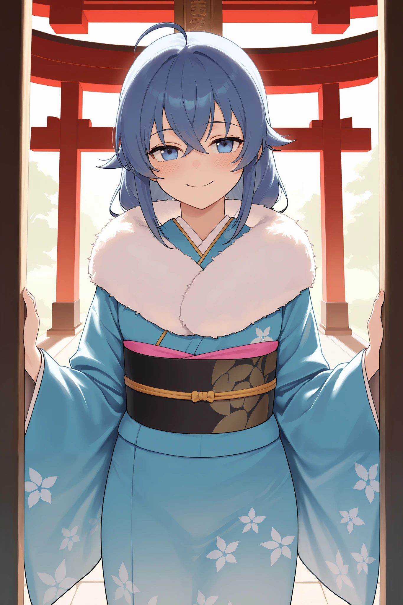 NSFW,masterpiece, best quality , high resolution, very detailed on trends, Roxy Migurdia、 Twin Blade, kimono,Long-sleeved kimono,fur collar, happy face,shrine