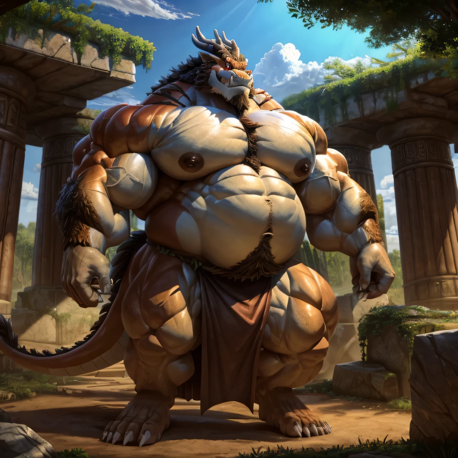 shendu,anatomically correct,,pride,soft shadow,majestic,Detailed face,HD Eyes,Sharp eyes,red eyes,eyes shining,Grandiose,brave,Confident smile,Strong,mature,loincloth,wilderness,ruins,Blue sky and white clouds,Sunlight, no bodyfur, an eastern dragon king, he is a male dragon warrior, he has hefty body, has very big muscles, hulking, huge, colossal height, with extremely strong, huge abdominal muscles, hefty abs, pecs, plump big muscle abs, Strong and robust muscle abs, daddy body muscle-gut abs, massive prominent muscle abs, sharp white claws, legs, feet claws, full body, loincloth, nipples, 4k UHD, best quality, very mass-abs-laden musclegut belly.