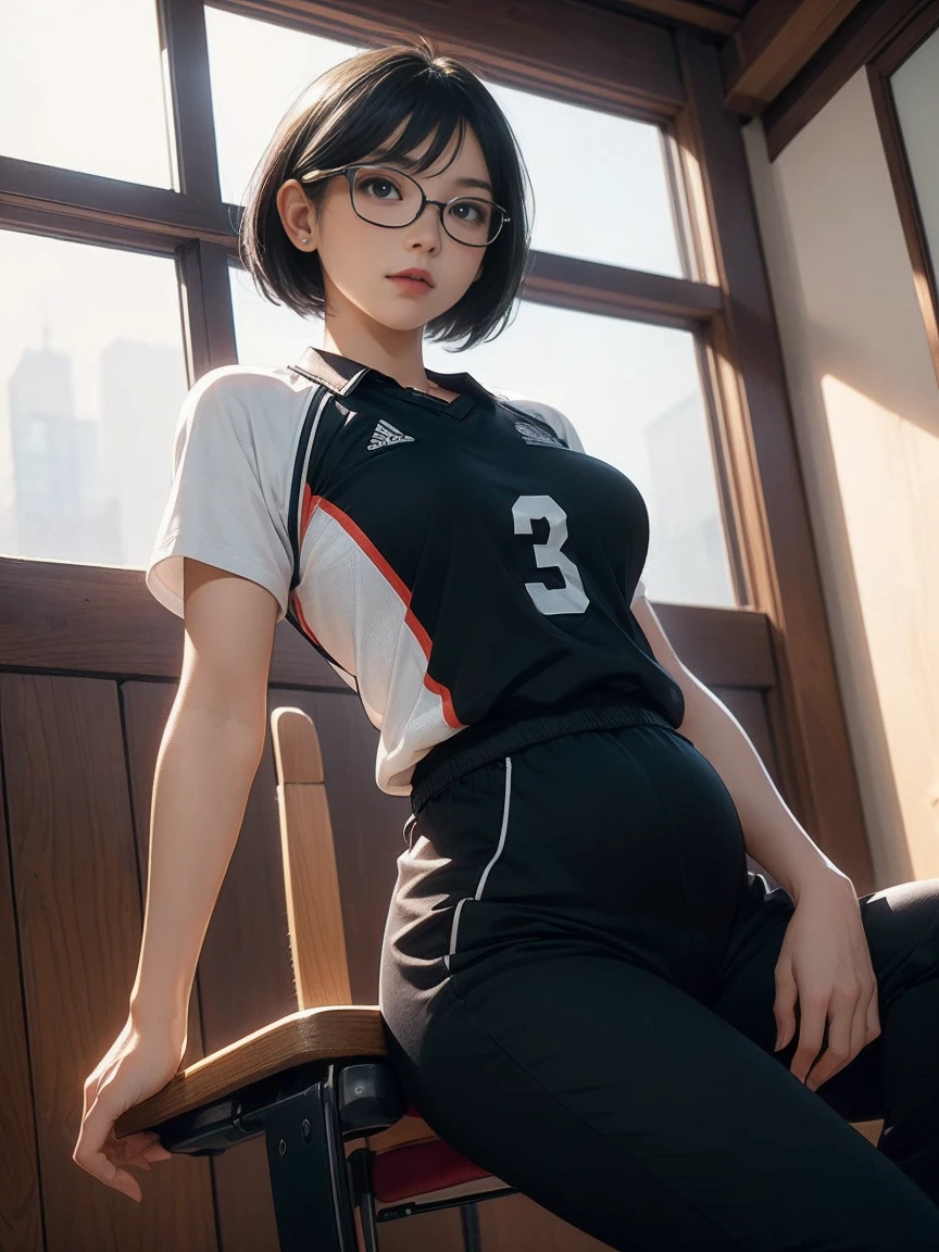 realistic, 1girl, eye glasses, shy, blushes, sitting on a wooden box, arms at the wooden box, dark abandoned warehouse backgroud, bob hair, hair bangs, skinny yellow tracksuit, tracksuit open, cleavage, big bust, mini skirt, tights, knees,