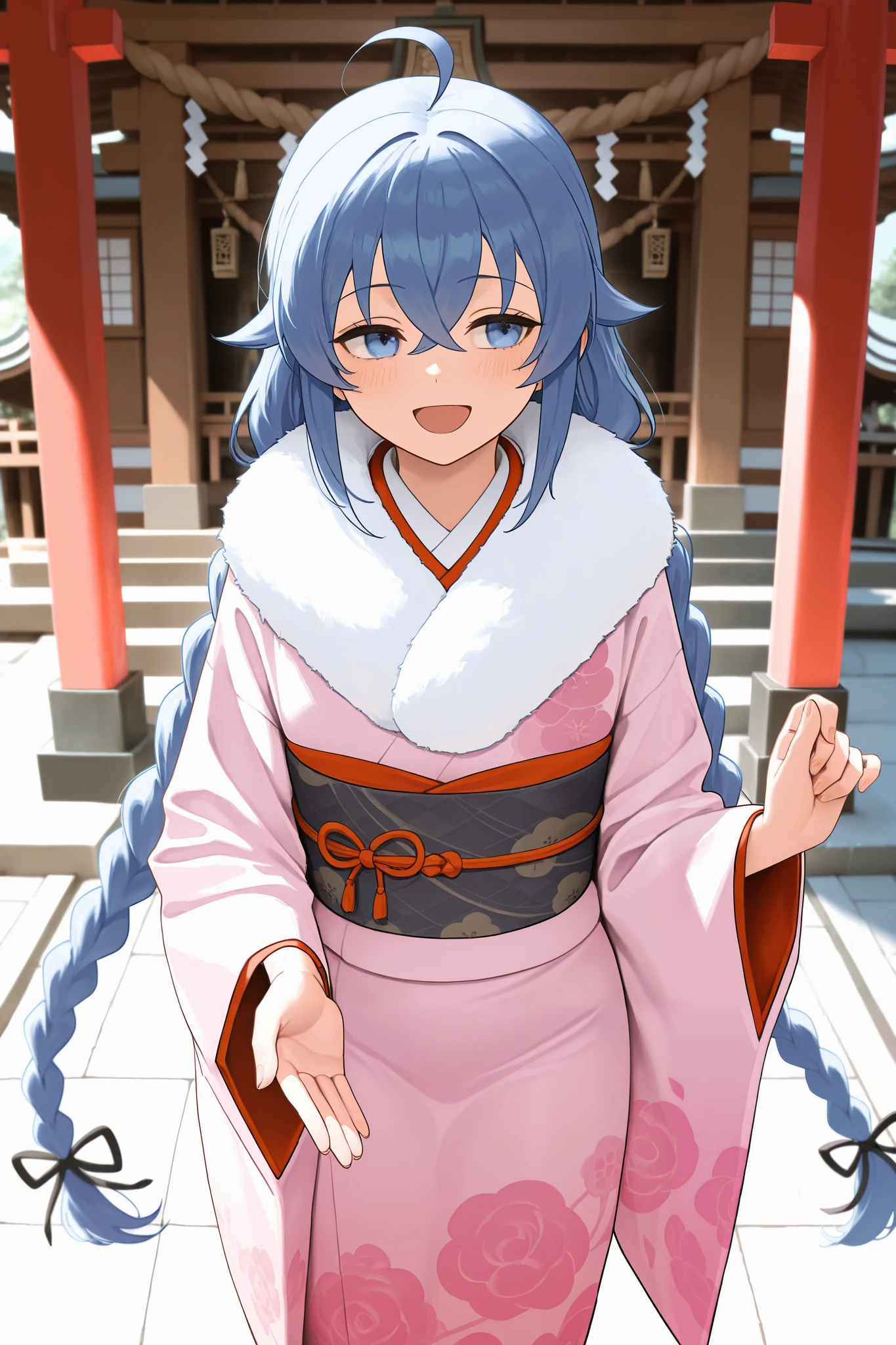 NSFW,masterpiece, best quality , high resolution, very detailed on trends, Roxy Migurdia、 Twin Blade, kimono,Long-sleeved kimono,fur collar, happy face,shrine,Approach,first visit of the year to a shrine