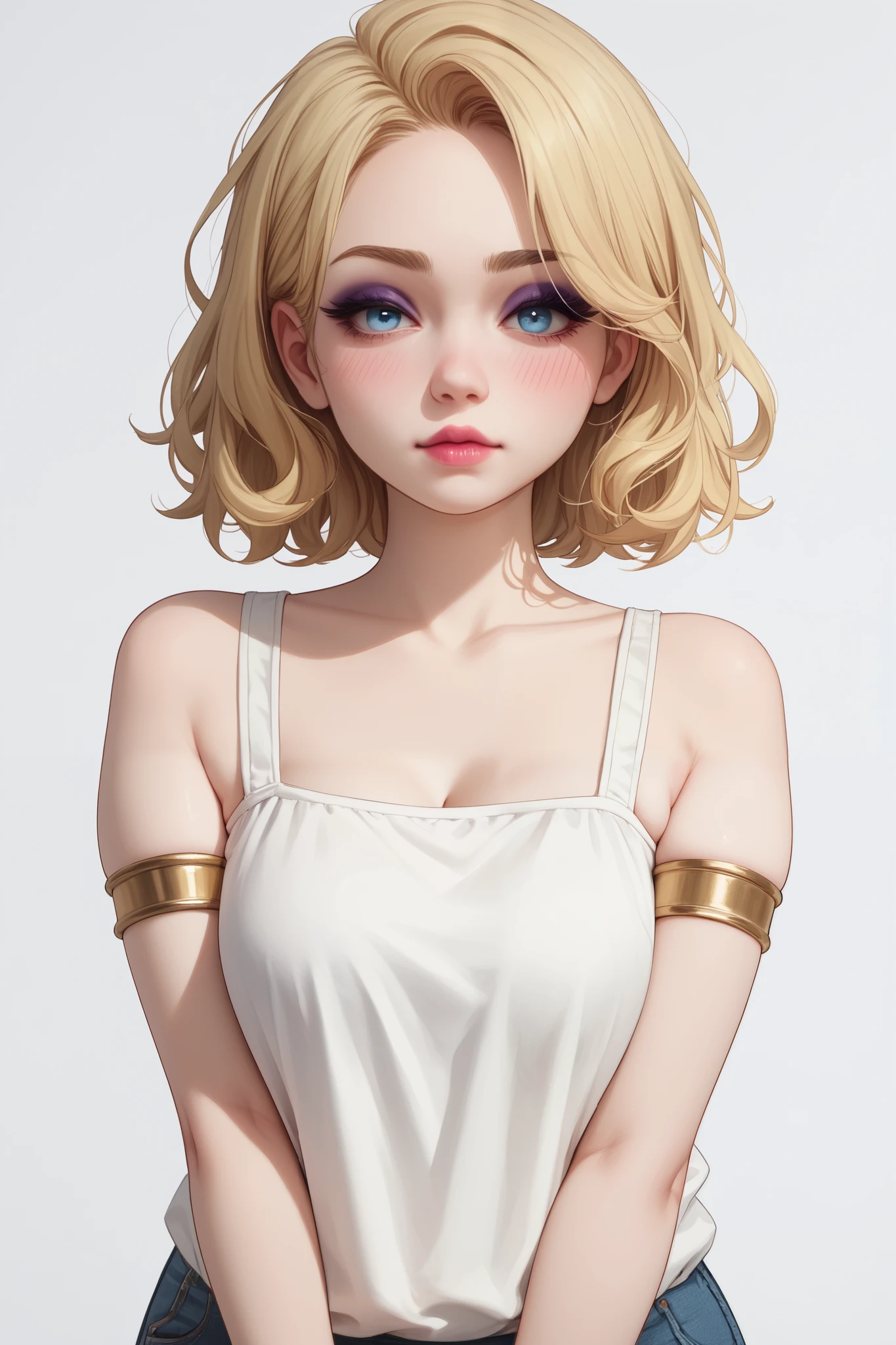 1woman, slightly chubby, pretty face, gorgeous blue eyes, mid-length hair, loose white sleeveless croptop, shoulders out, arms out, bright pink blush, blonde adult, 30-years old woman, humble face, confident eyes, has a crush on you, golden bracelets, sleek golden armlets, pale matte lipstick, matte smoky dark purple eyeshadow, black eyeliner, eyelashes, delicate body, delicate frame, perfect skin, perfect complexion, matte make-up