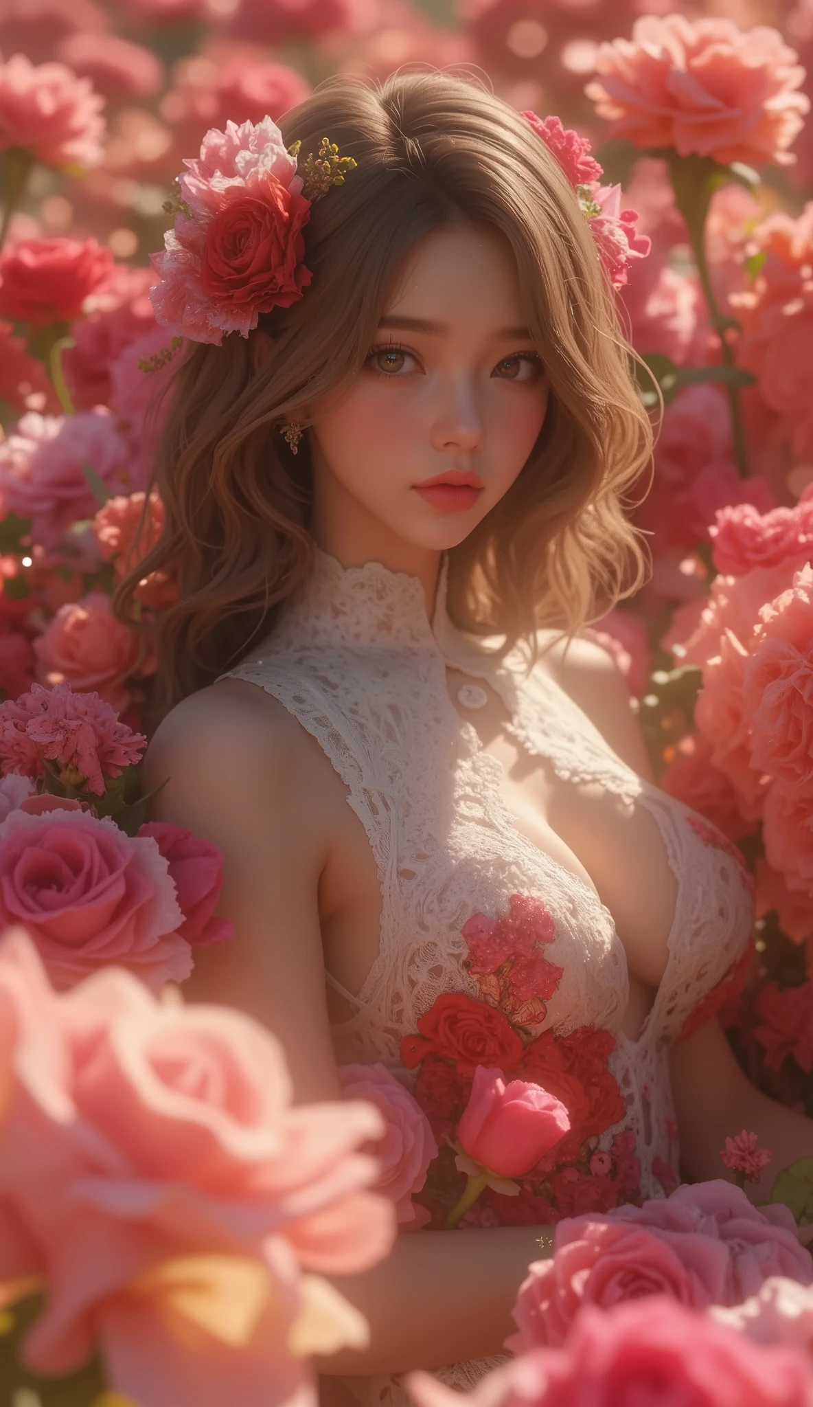 Highest quality, masterpiece, Ultra-high resolution (Realistic: 1.4), RAW Photos, 1 Girl, White Dress, Bare shoulders, A field full of pink flowers, Glowing Skin, smile