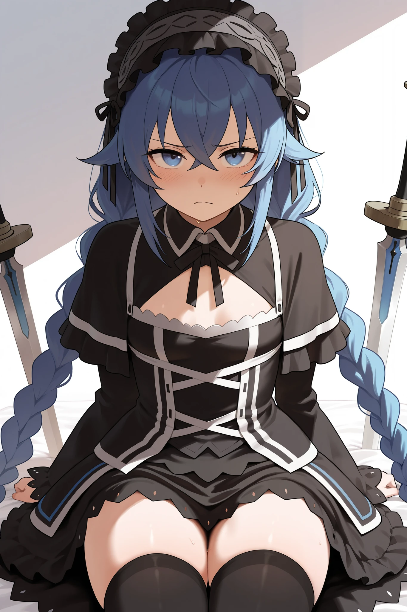 NSFW,masterpiece, best quality , high resolution, very detailed on trends, Roxy Migurdia、 Twin Blade, Gothic Lolita Fashion, strange face