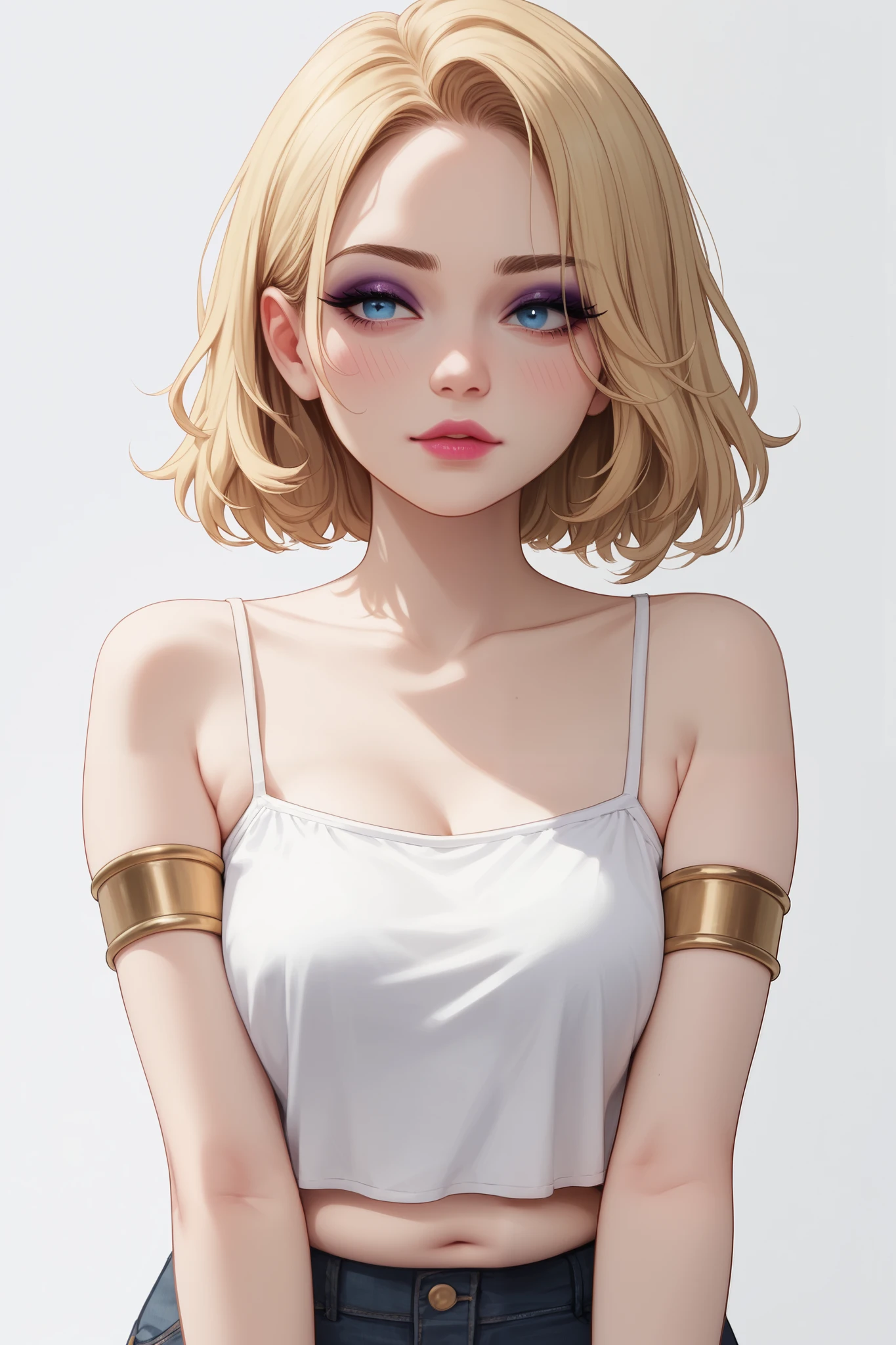 1woman, slightly chubby, pretty face, gorgeous blue eyes, mid-length hair, loose white sleeveless croptop, shoulders out, arms out, bright pink blush, blonde adult, 30-years old woman, humble face, confident eyes, has a crush on you, golden bracelets, sleek golden armlets, pale matte lipstick, matte smoky dark purple eyeshadow, black eyeliner, eyelashes, delicate body, delicate frame, perfect skin, perfect complexion, matte make-up
