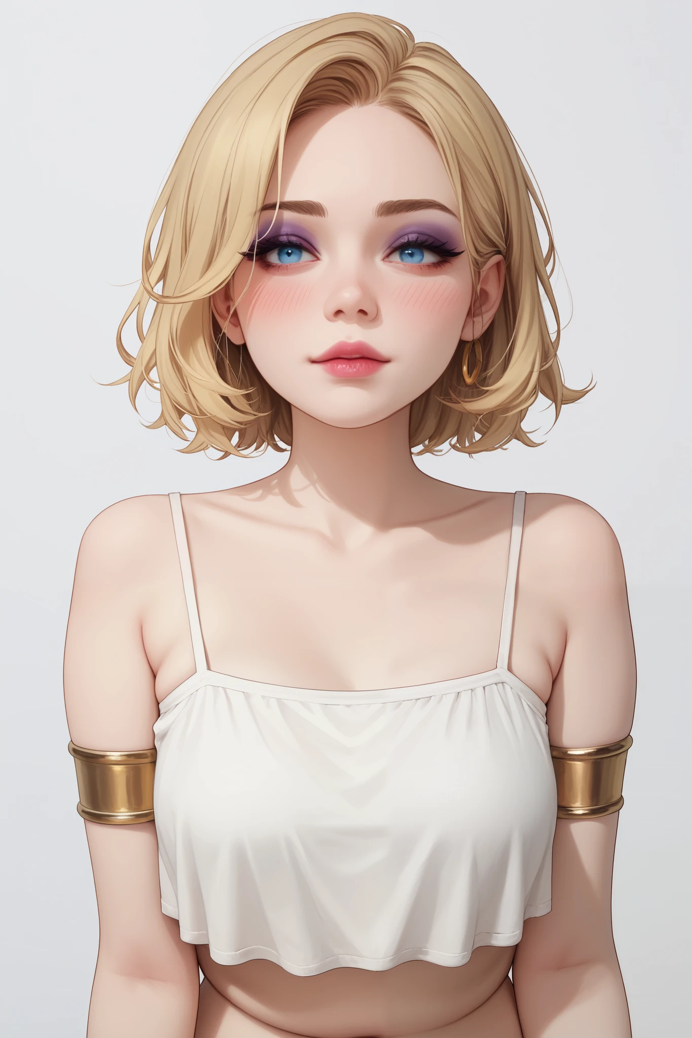1woman, slightly chubby, pretty face, gorgeous blue eyes, mid-length hair, loose white sleeveless croptop, shoulders out, arms out, bright pink blush, blonde adult, 30-years old woman, humble face, confident eyes, has a crush on you, golden bracelets, sleek golden armlets, pale matte lipstick, matte smoky dark purple eyeshadow, black eyeliner, eyelashes, delicate body, delicate frame, perfect skin, perfect complexion, matte make-up