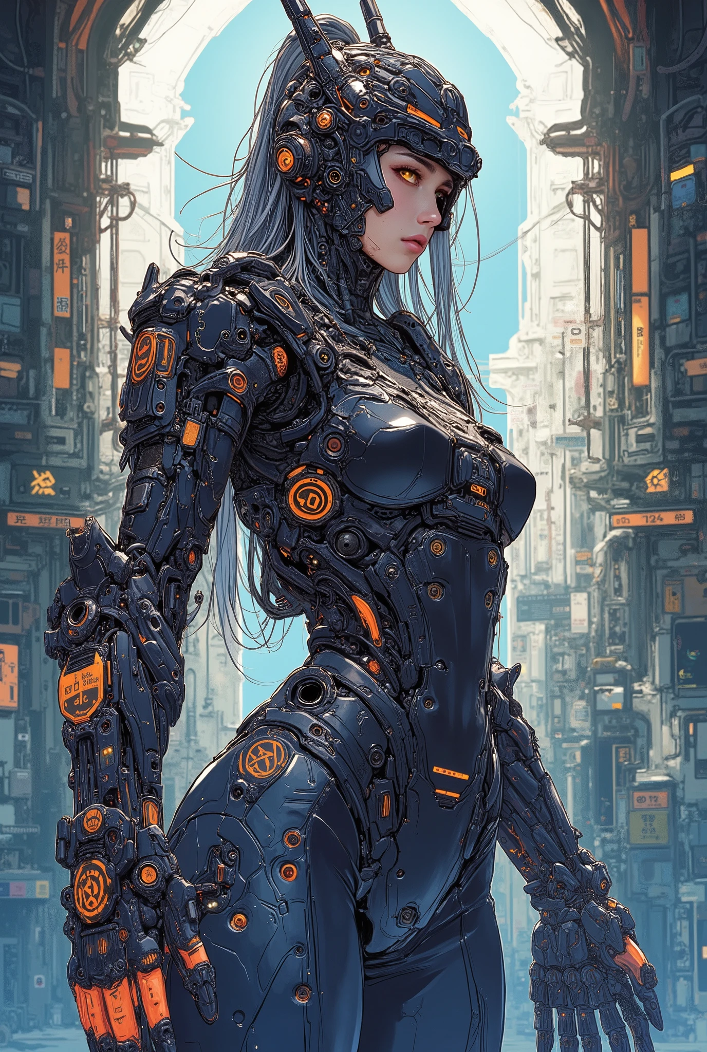 ((anime art style illustration) of (perfect Asian cyberpunk girl))), (((wearing incredibly detailed ornate cyberpunk samurai armour))), ((LED lights)), (shapeless long hair), perfect features, ((((full figure) dynamic pose))), (((starship interior))), abstract beauty, near perfection, pure form, concept art, intricate detail, 8k post-production, High resolution, super Detail, art station Trends, sharp focus, studio photos, intricate detail, Very detailed.