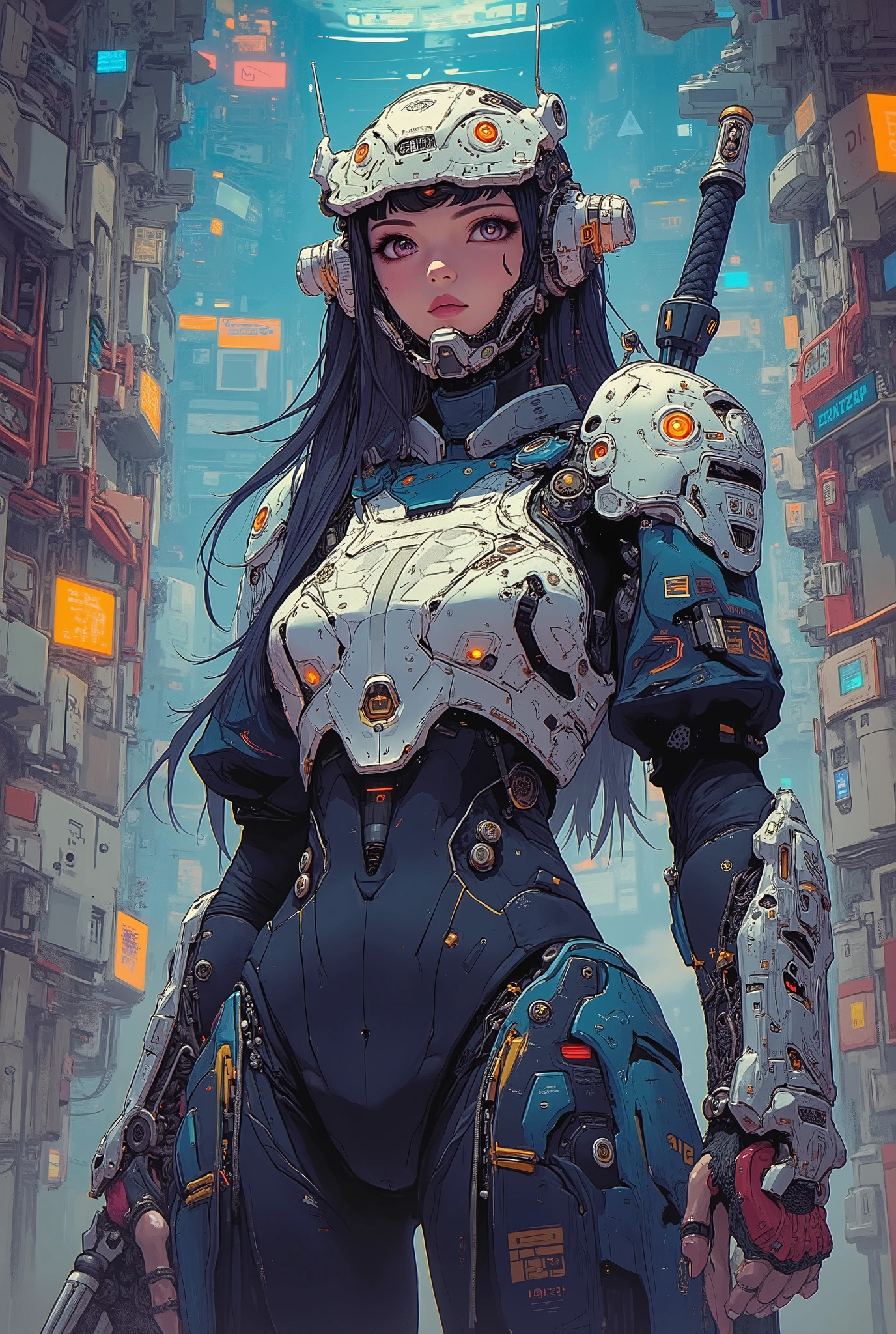 ((anime art style illustration) of (perfect Asian cyberpunk girl))), (((wearing incredibly detailed ornate cyberpunk samurai armour))), ((LED lights)), (shapeless long hair), perfect features, ((((full figure) dynamic pose))), (((starship interior))), abstract beauty, near perfection, pure form, concept art, intricate detail, 8k post-production, High resolution, super Detail, art station Trends, sharp focus, studio photos, intricate detail, Very detailed.
