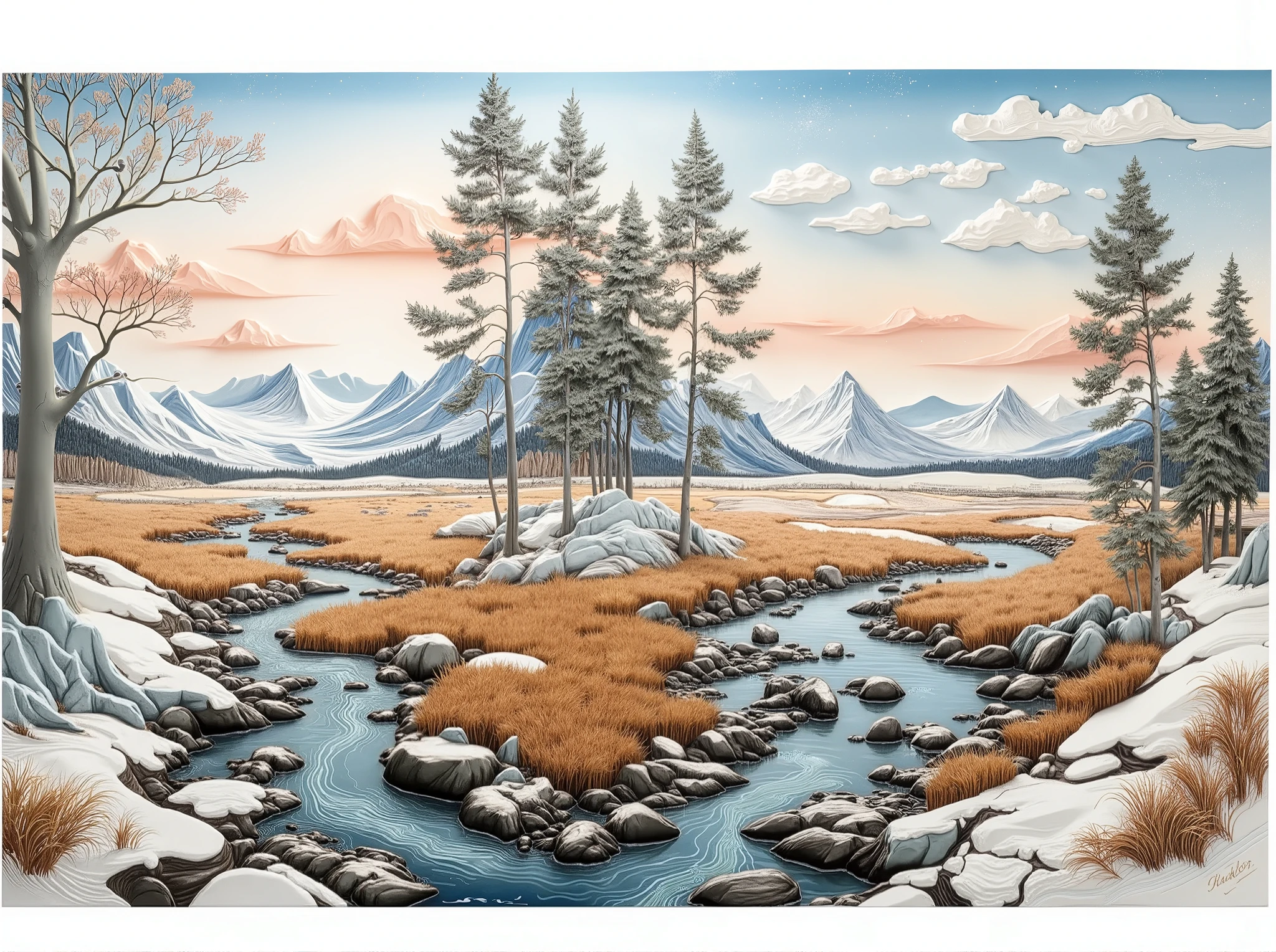 masterpiece, gypsum bas-relief on the wall, Mountains, river , grass