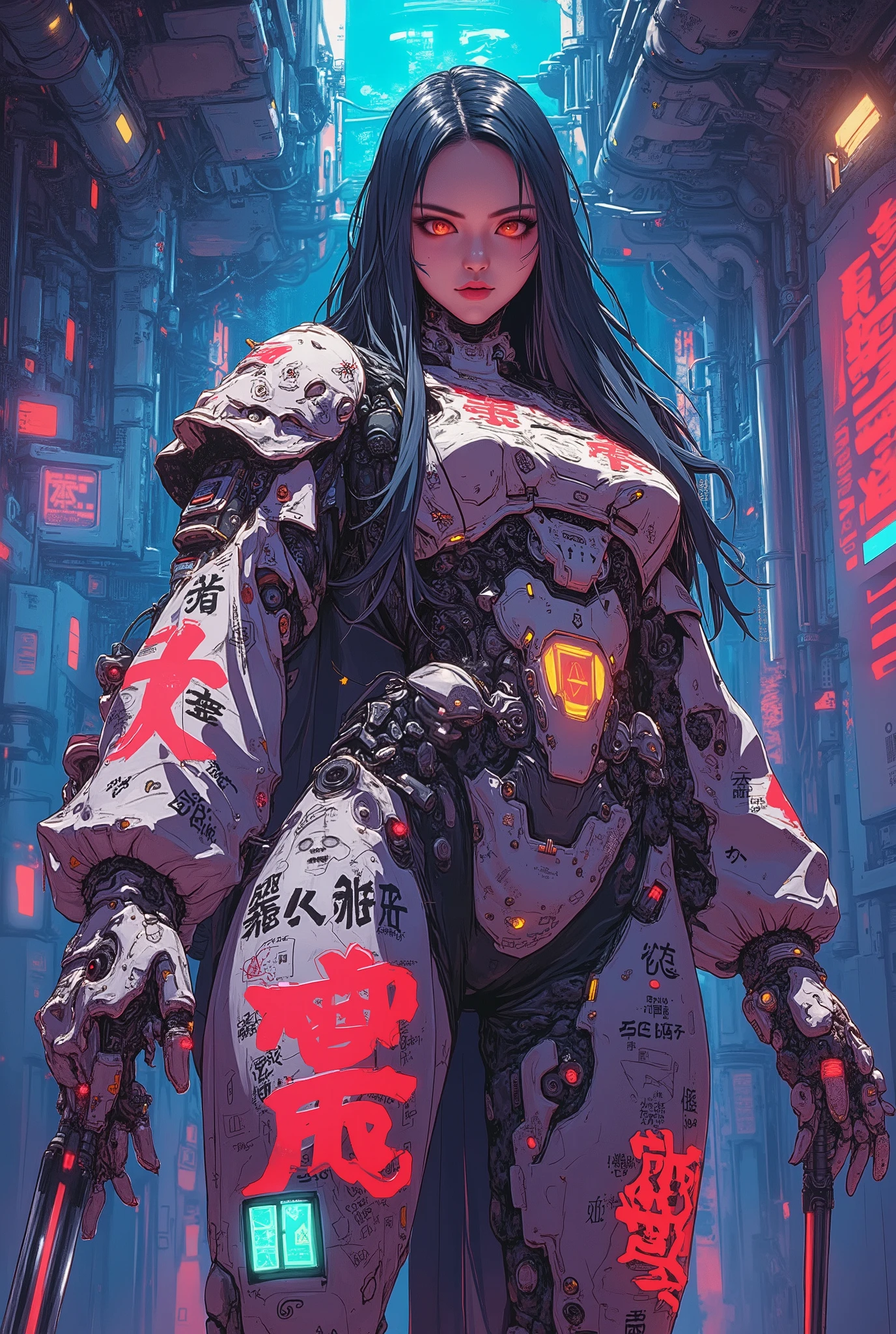 ((anime art style illustration) of (perfect Asian cyberpunk girl))), (((wearing incredibly detailed ornate cyberpunk samurai armour))), ((LED lights)), (shapeless long hair), perfect features, ((((full figure) dynamic pose))), (((starship interior))), abstract beauty, near perfection, pure form, concept art, intricate detail, 8k post-production, High resolution, super Detail, art station Trends, sharp focus, studio photos, intricate detail, Very detailed.