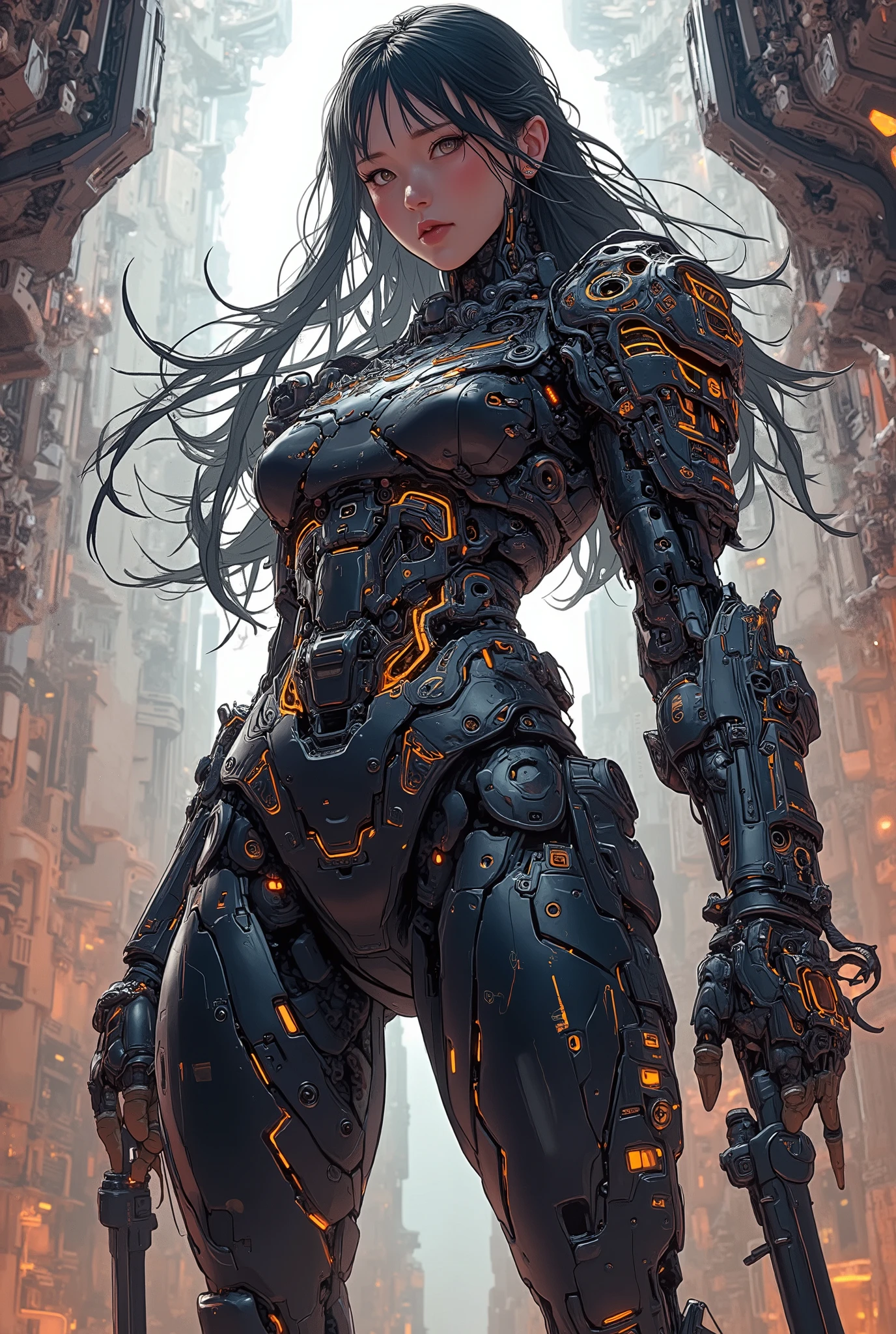 ((anime art style illustration) of (perfect Asian cyberpunk girl))), (((wearing incredibly detailed ornate cyberpunk samurai armour))), ((LED lights)), (shapeless long hair), perfect features, ((((full figure) dynamic pose))), (((starship interior))), abstract beauty, near perfection, pure form, concept art, intricate detail, 8k post-production, High resolution, super Detail, art station Trends, sharp focus, studio photos, intricate detail, Very detailed.