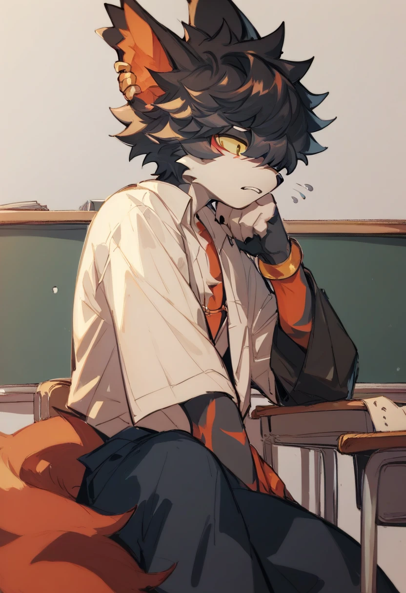 Aak, h341ing_h4nd  , evi1 _h34rt,  furry, Animal ears,  yellow sclera, male,  unique ，Japanese 2D manga style，Anime style，In the classroom，Sleepy expression