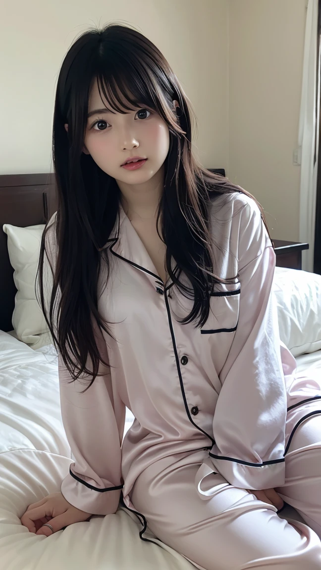Beautiful black-haired girl with brown eyes and long hair in nightwear lying on a bed photo shoot