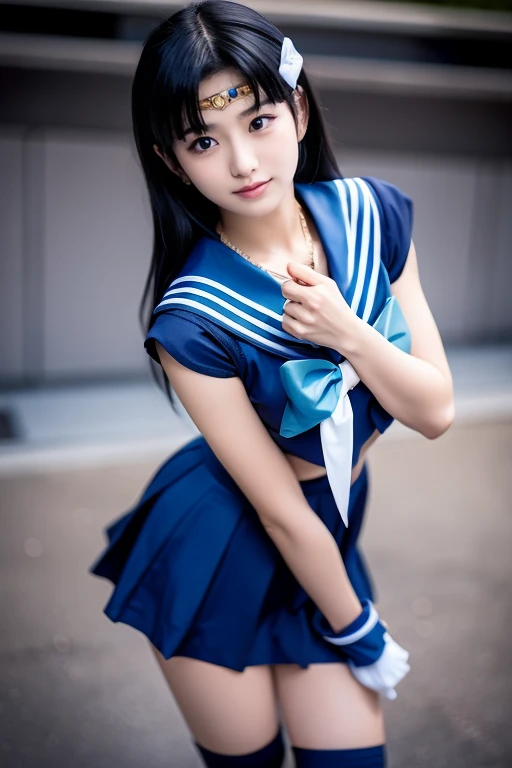 (Best Quality, 8K, 32 k, tmasterpiece, NFFSW (english) (english) (english) (english):1.2), (Raw foto), (realisitic), (Photorealistic:1.2), (high resolucion), Ultra-detailed, extremely beautiful face & eyes, 1girll, (Lori, 14 year old:1.2), young female, innocent face, thin-waist, tits huge, slim proportions, (Uniform of Japanese sailors, sailor fuku, serafuku, japanese school sailor uniform, darkblue pleated skirt:1.27), (From below, white thong, groin:1.24), Rooftops of the City of Dawn,