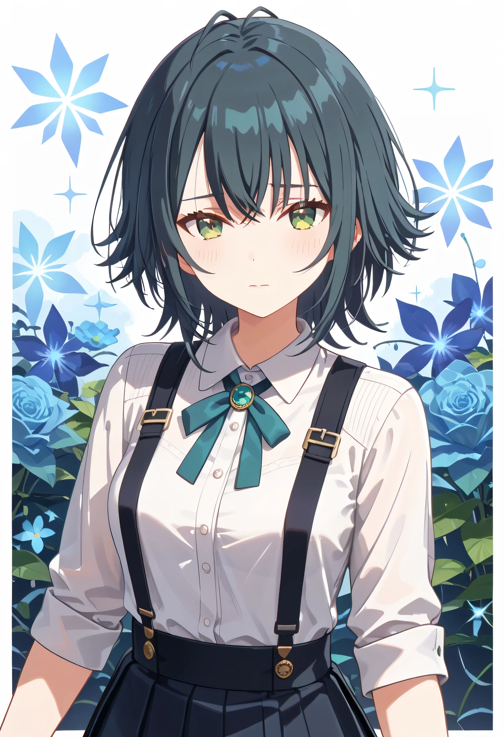 tsukimura_temari, 1girl, black hair, (masterpiece),(best quality),(ultra-detailed),(best illustration),(best shadow),(absurdres),(detailed background),(very aesthetic), short hair, green eyes, upper body, pov, collared shirt, pleated skirt, suspenders skirt, gal, blush, shy, mature female