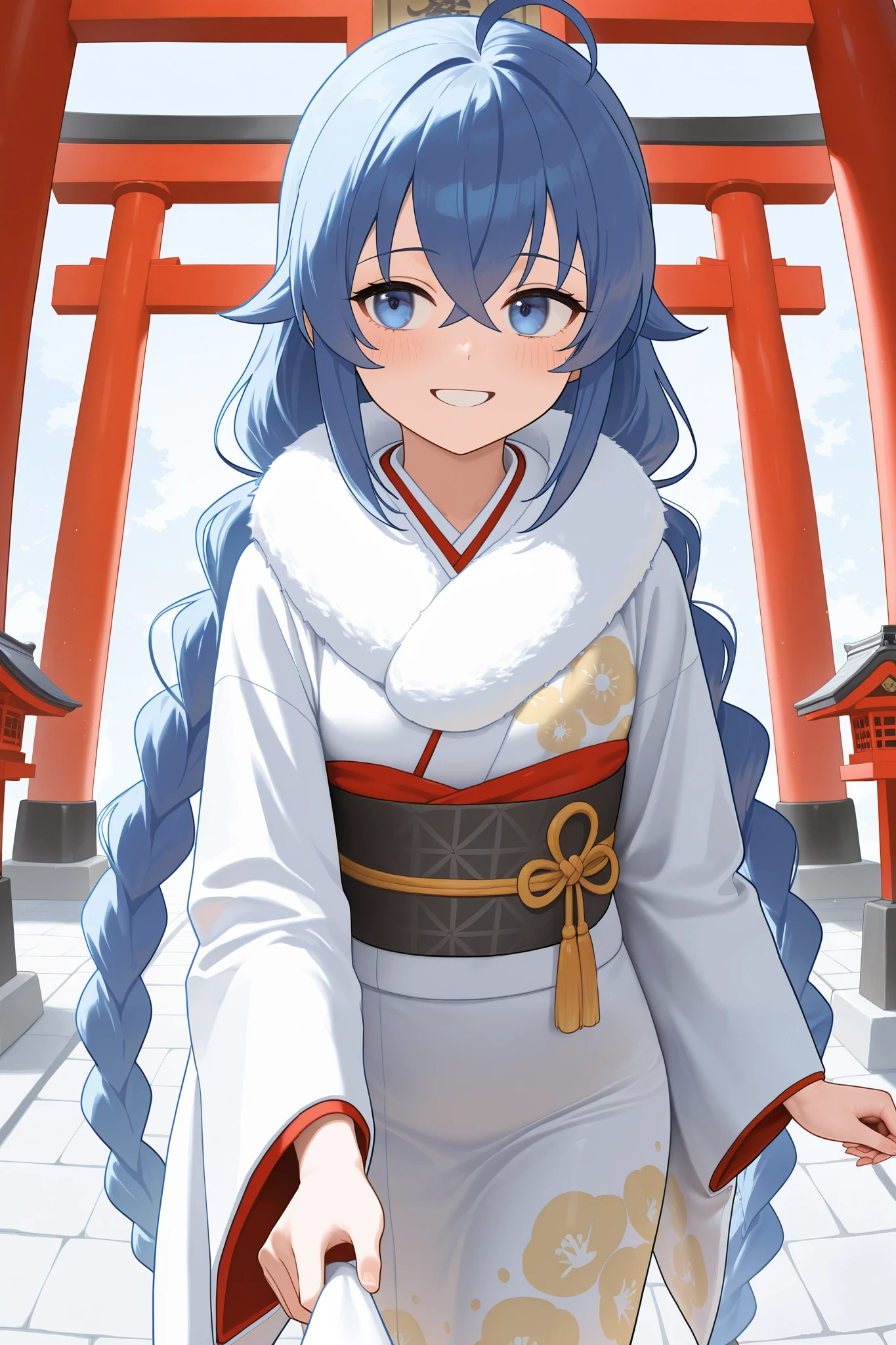 NSFW,masterpiece, best quality , high resolution, very detailed on trends, Roxy Migurdia、 Twin Blade, kimono,Long-sleeved kimono,fur collar, happy face,shrine,Approach,torii,first visit of the year to a shrine, from side