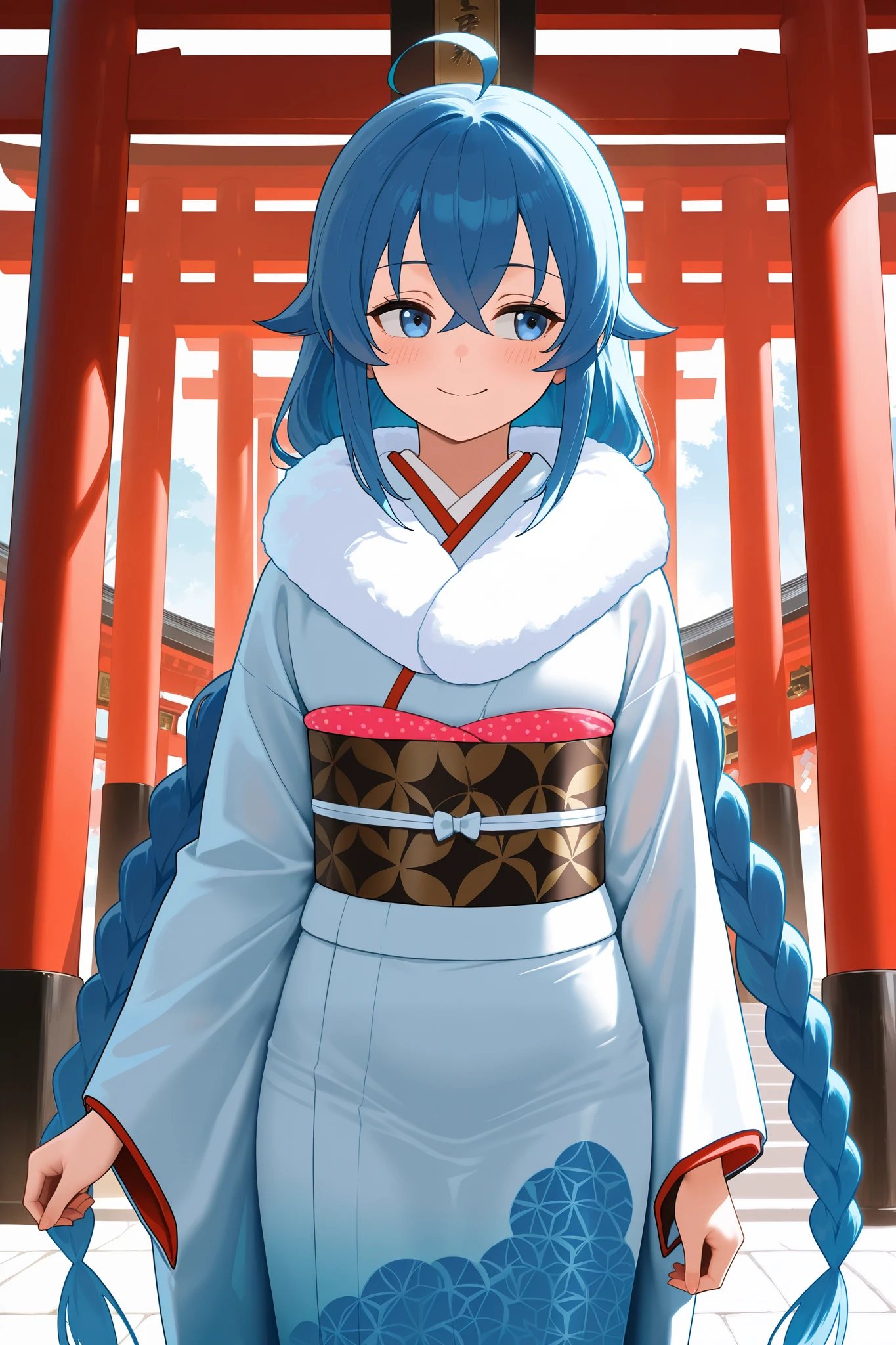NSFW,masterpiece, best quality , high resolution, very detailed on trends, Roxy Migurdia、 Twin Blade, kimono,Long-sleeved kimono,fur collar, happy face,shrine,Approach,torii,first visit of the year to a shrine, from side