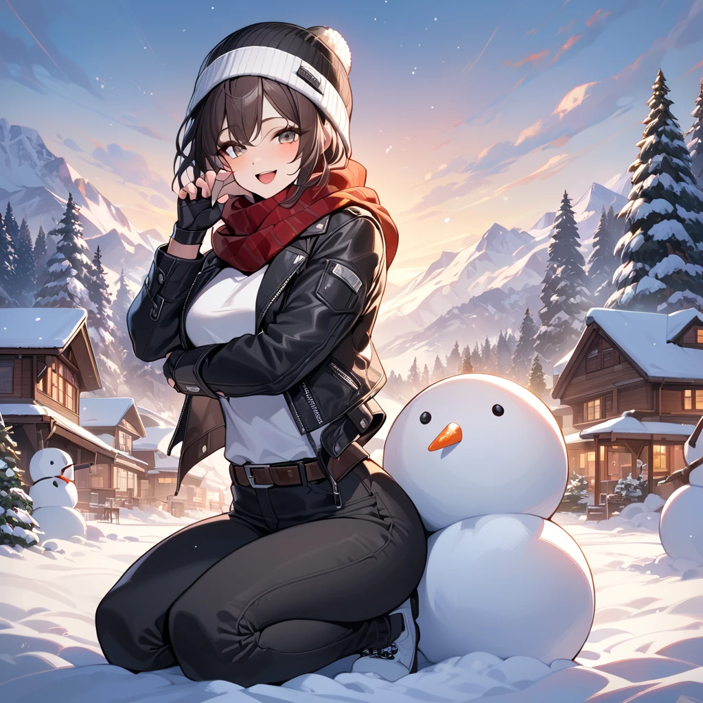 Masterpiece, top quality, 1girl, 1snowman, open mouth, smiling, kneeling, (hand on snowman), looking at viewer, snow, snowy mountains, trees, snowy landscape, dark hair, medium build, please wear ((black leather jacket with rolled up arms), , fingerless gloves, white T-shirt, ((white headband )), black pants, white shoes, brown belt, red scarf, beanie,