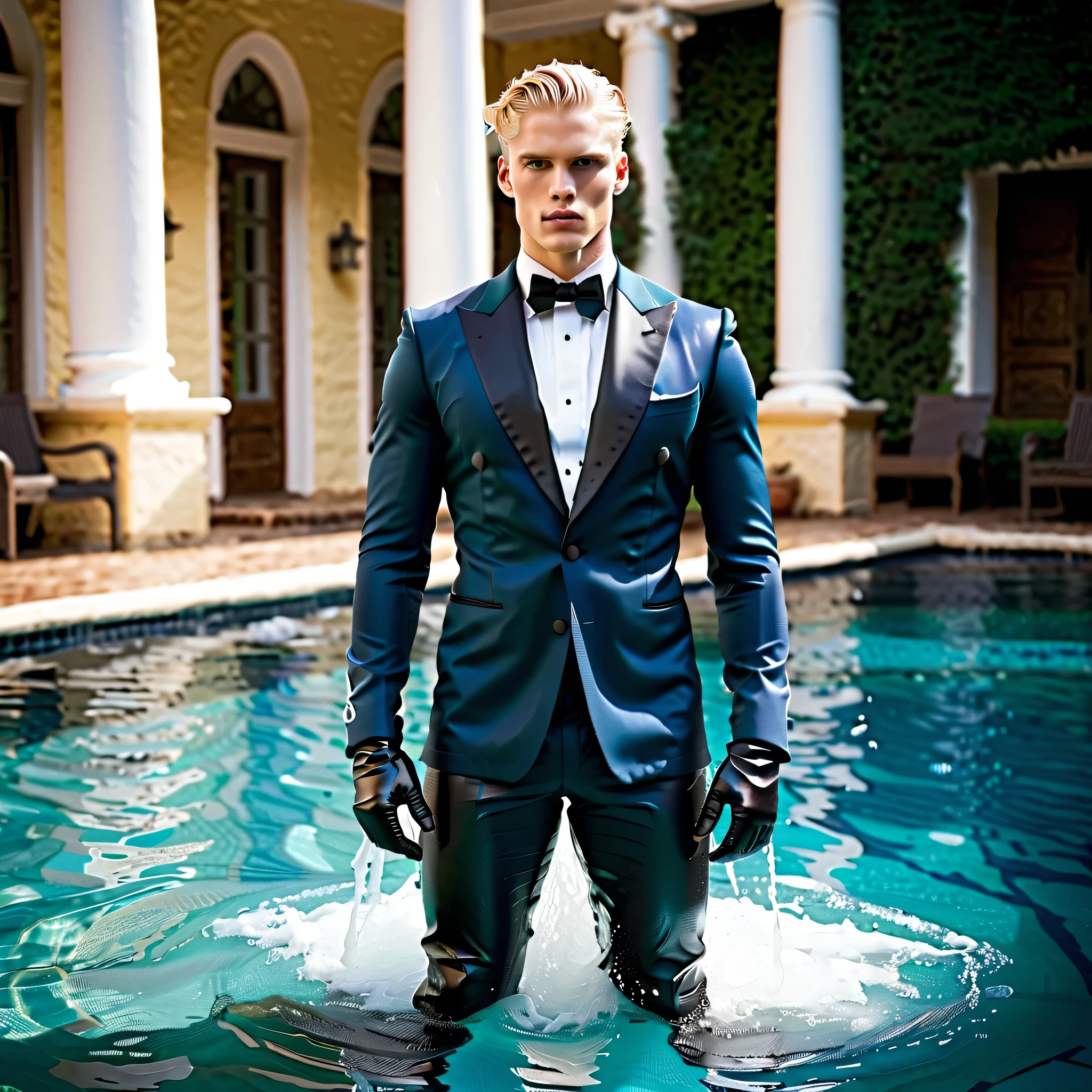 19th-century European young gentleman in a navy tuxedo, wet from fire, in a challenging struggle within the pool, phantom blue eyes, platinum blond hair shining, leather gloves and boots long and black, fair skin highlighting lean waist, chest appearing more defined, rising six-pack emphasizing V-shaped torso, muscles becoming more accentuated due to dramatic lighting, detailed ultrarealistic