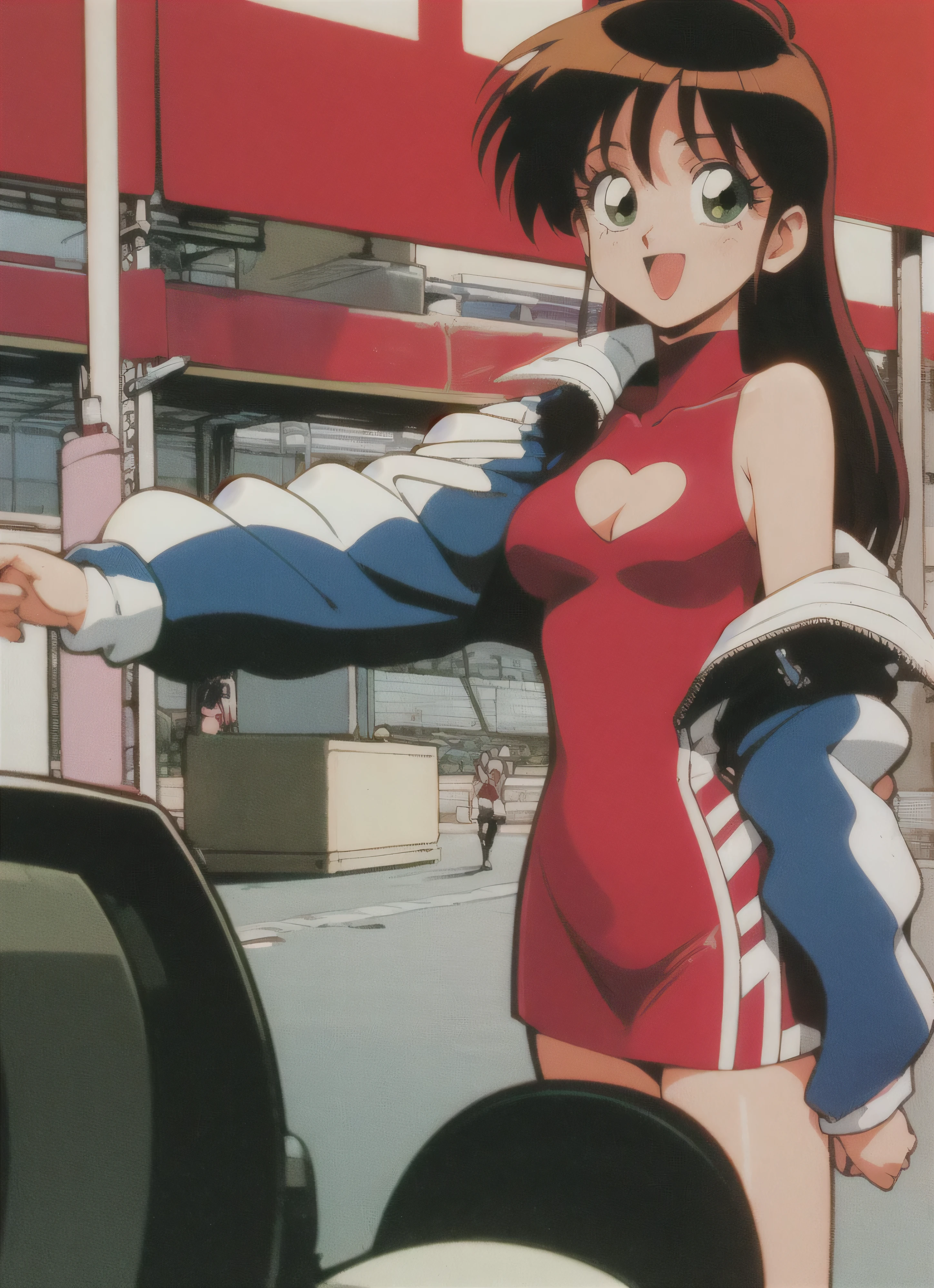 asusugodr, 1girl, solo, heart, hair ornament, green eyes, Stretch your sideburns to your chest、 mini jacket,red  dress, retro artstyle, open mouth, 1990s (style), looking at viewer, smile, outdoors, sky, cowboy shot, cleavage cutout, race queen 