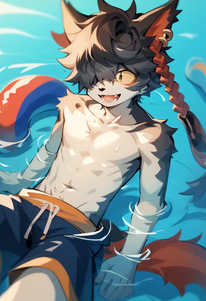 Inosuke hashibira, anime guy with blue hair and no shirt holding a sword, handsome guy in demon slayer art, gapmoe yandere, (sfw) safe for work, badass anime 8 k, handsome japanese demon boy, okata kazuto, handsome anime pose, gapmoe yandere grimdark, muscular!!, male anime character, 2 d anime style, long black pants, close up, close up face,