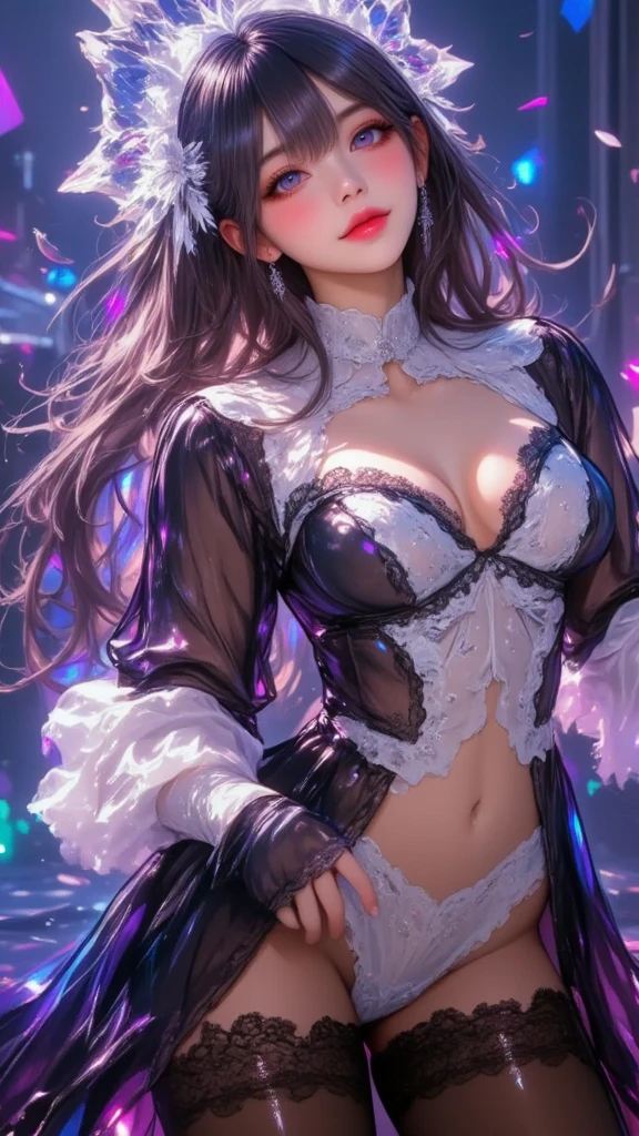 (better quality,ultra-detailed,Realistic:1.37)、Sorcière attaquante avec la magie du givre、; lingerie couleur vive, gros seins,porte jarretelle,Une jeune femme de 18 ans、(piercing eyes:1.5)、look agressif、elegant outfit、electric arcs dance around'elle、hold a large magic scepter enchanted with frost magic,outside, scene of launching an attack with a magic circle, an ice cream cone , corps entier,pas de robe