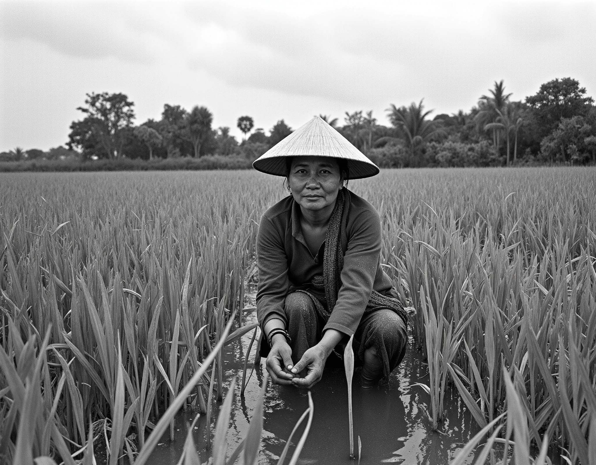 Professional  photo in black and white of a Vietnamese peasant woman in a vast rice field, aged 50, wearing peasant clothes and a typical Vietnamese straw hat, rainy day, monsoon, flooded rice field, feet in the mud, lush vegetation, outdoor photo, natural light, Canon EOS R5 quality, Ilford hp5 400 plus film --ar 4:5 --v 6 --stylize 500