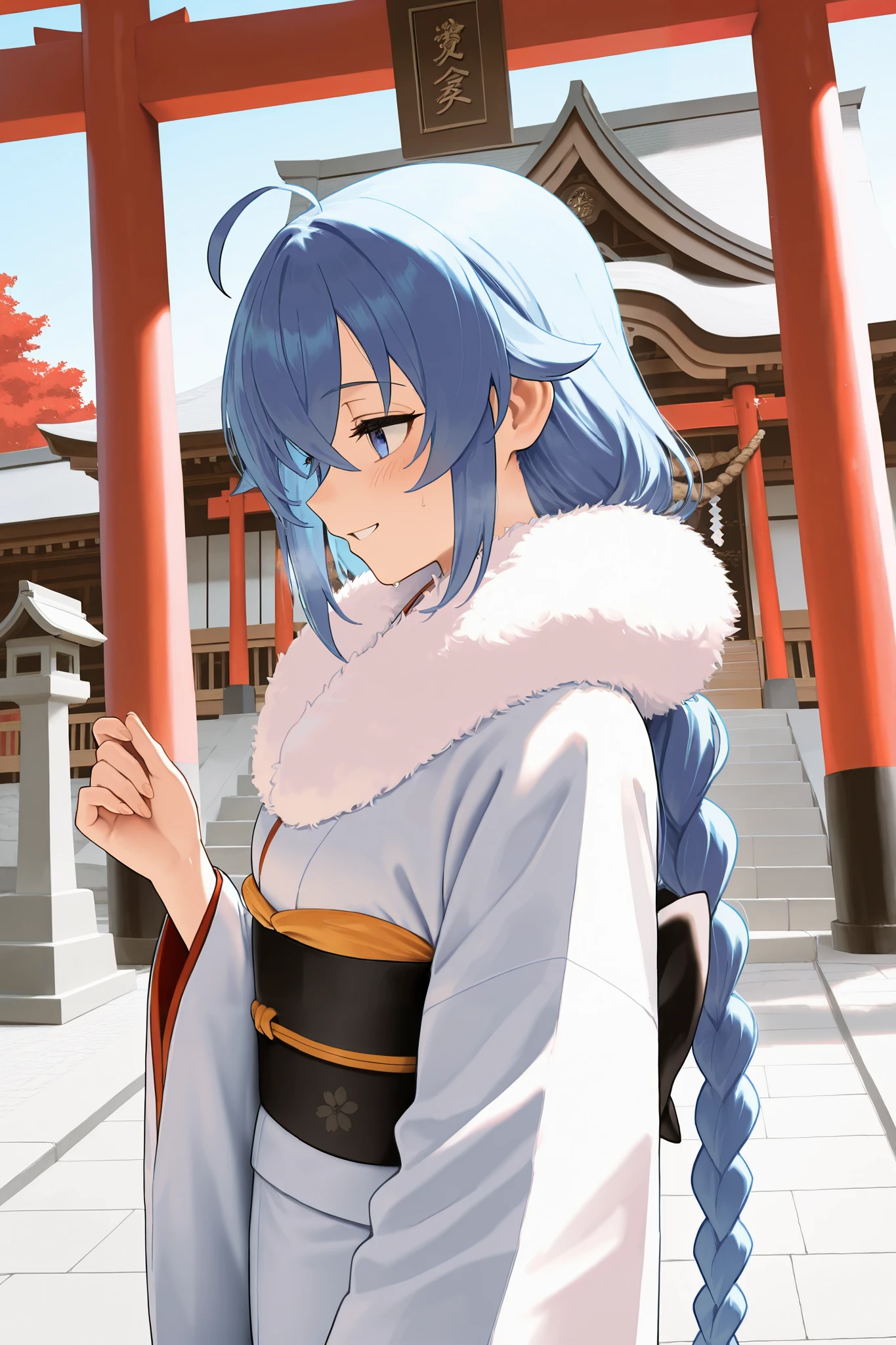 NSFW,masterpiece, best quality , high resolution, very detailed on trends, Roxy Migurdia、 Twin Blade, kimono,Long-sleeved kimono,fur collar, happy face,shrine,Approach,torii,first visit of the year to a shrine,profile
